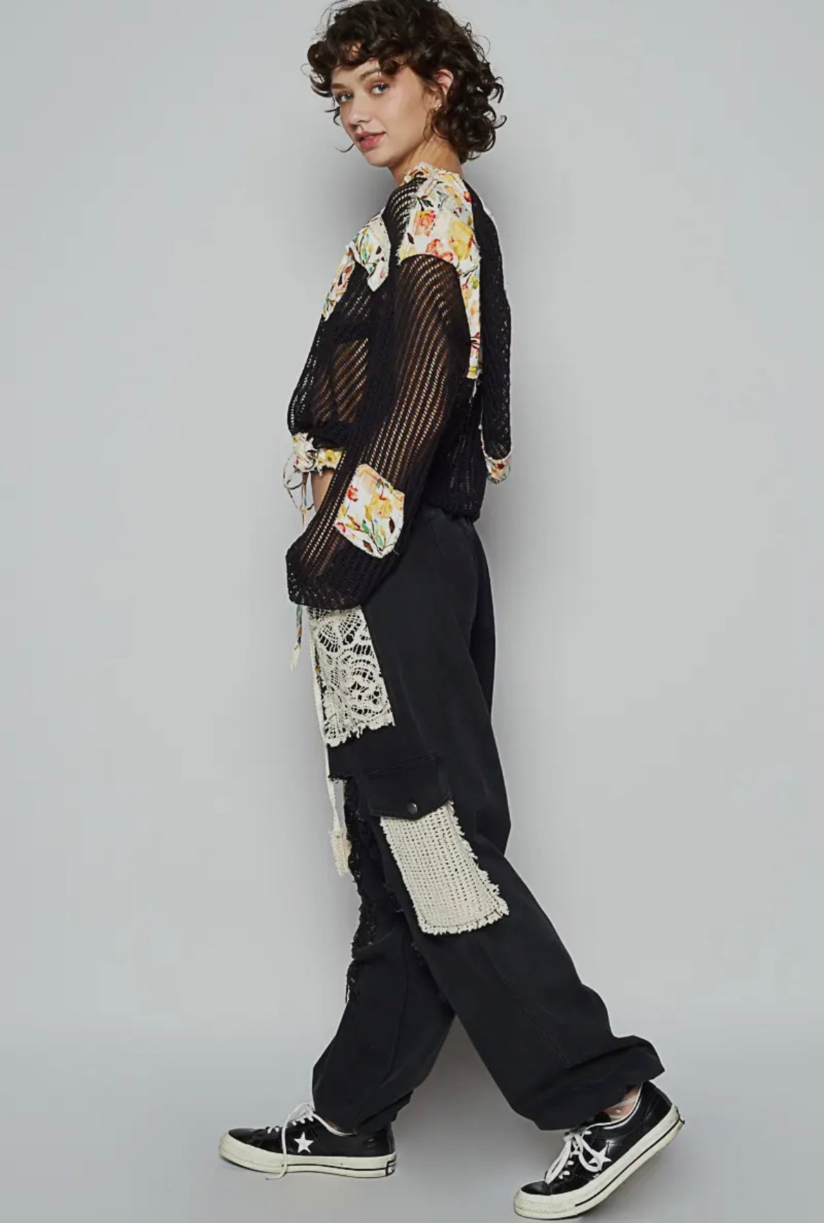 POL-Distressed Jogger Pants with Crochet Detail