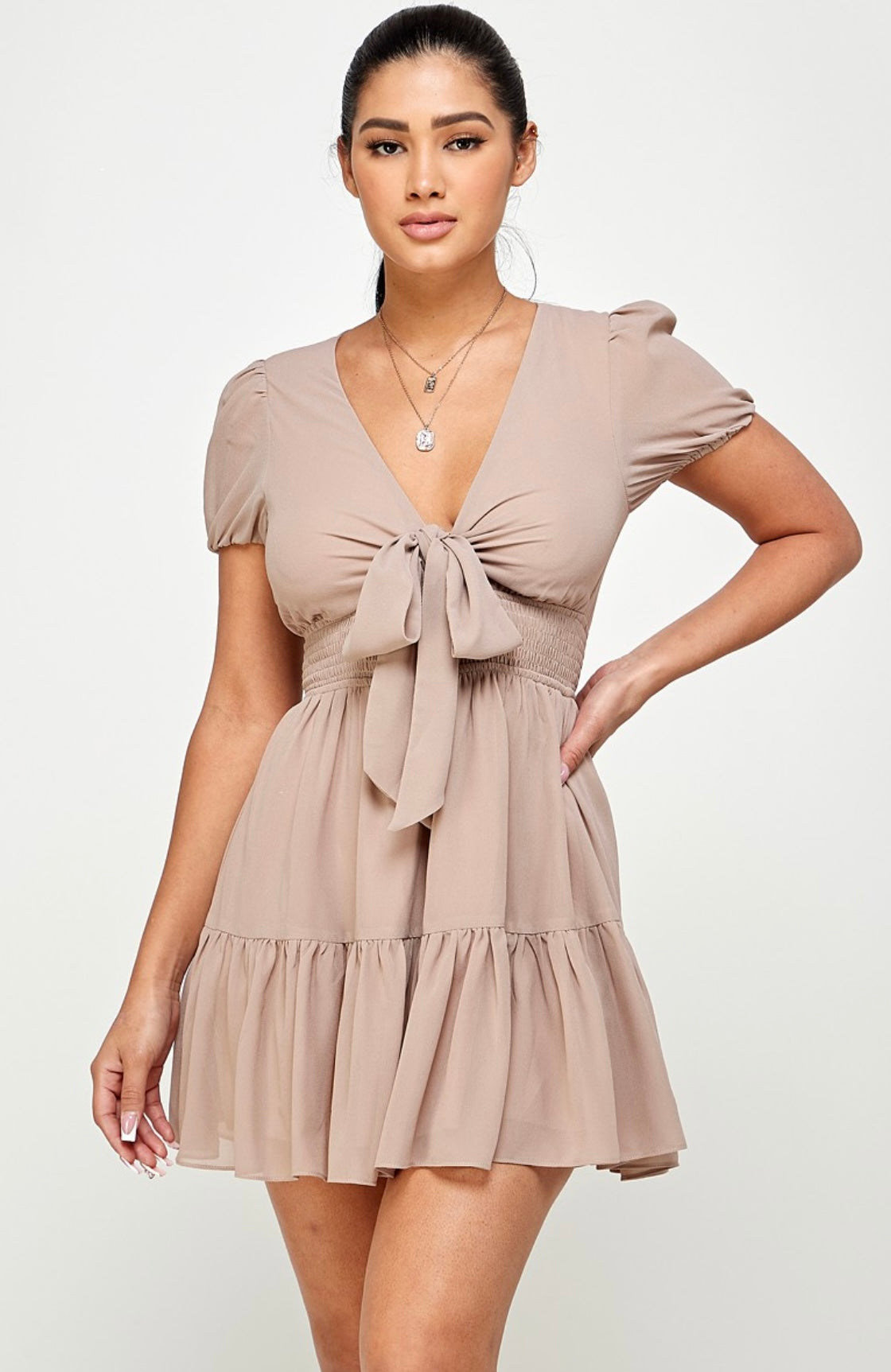 Hannah Solid Front Tie Knot Ruffle Mini Dress (More Colors)