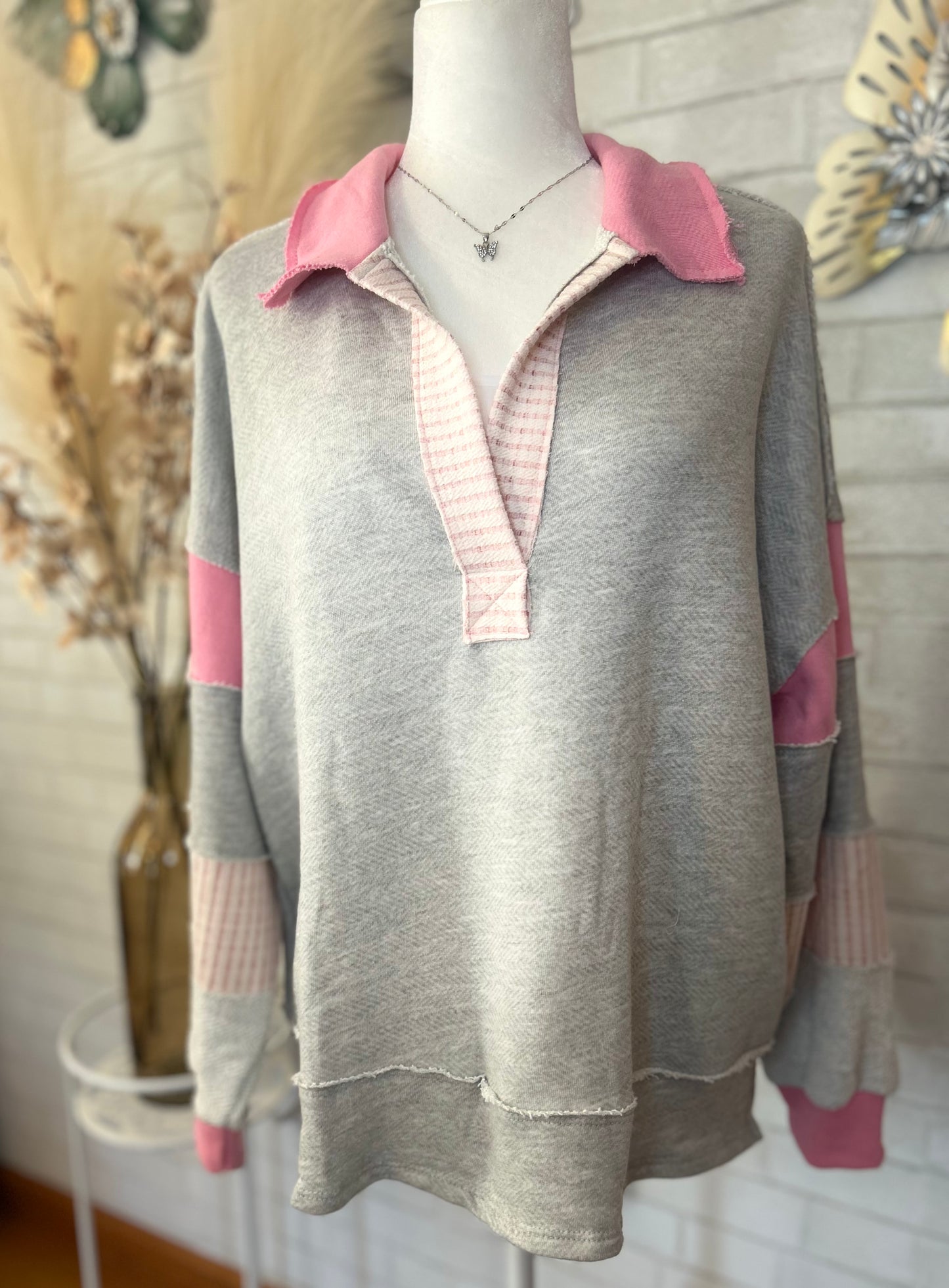 Bucket List-French Terry Knit Color-block Collared Loose Fit Top