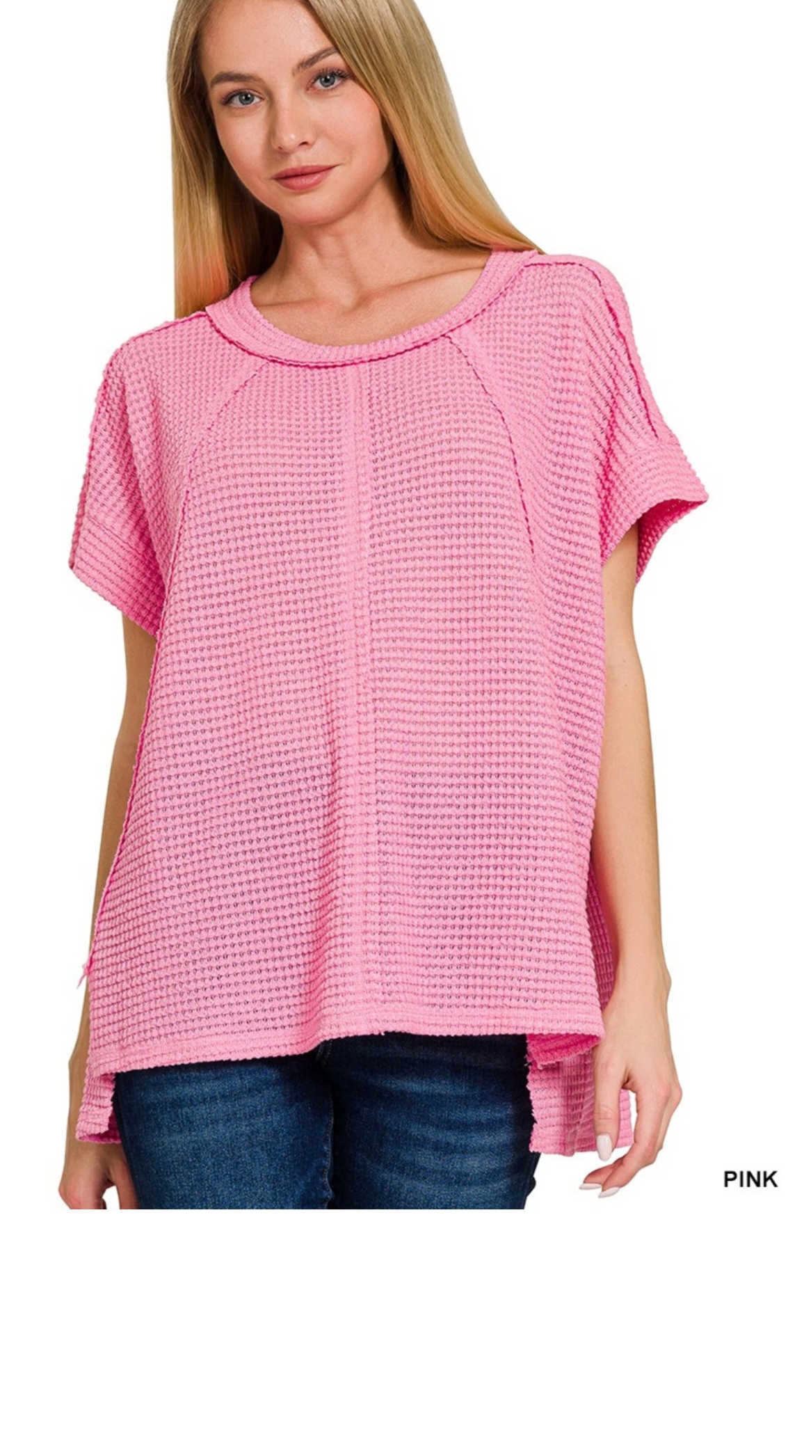 Zenana-Brushed Waffle Exposed-Seam
Short Sleeve Top W/Side Slits(More Colors)