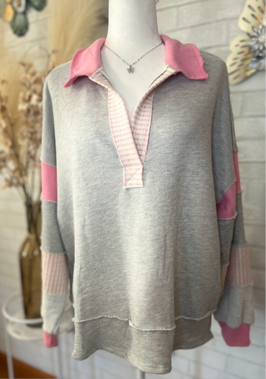 Bucket List-French Terry Knit Color-block Collared Loose Fit Top