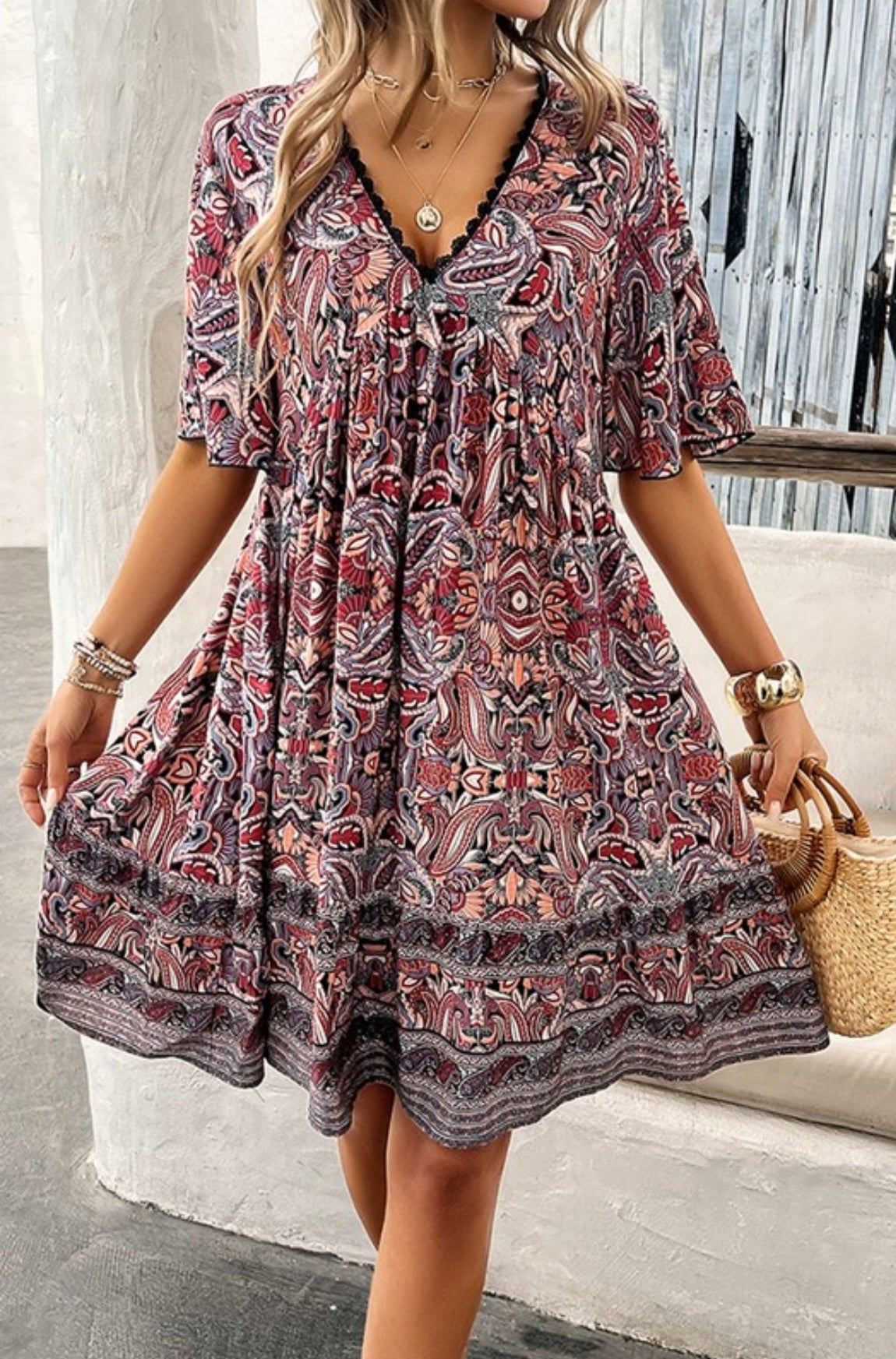 All Over Print Lace Trim Loose A-Line Dress