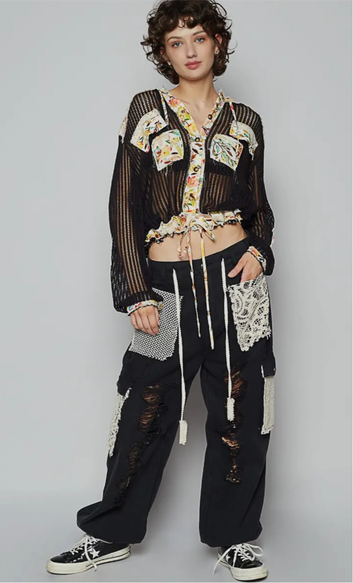 POL-Distressed Jogger Pants with Crochet Detail