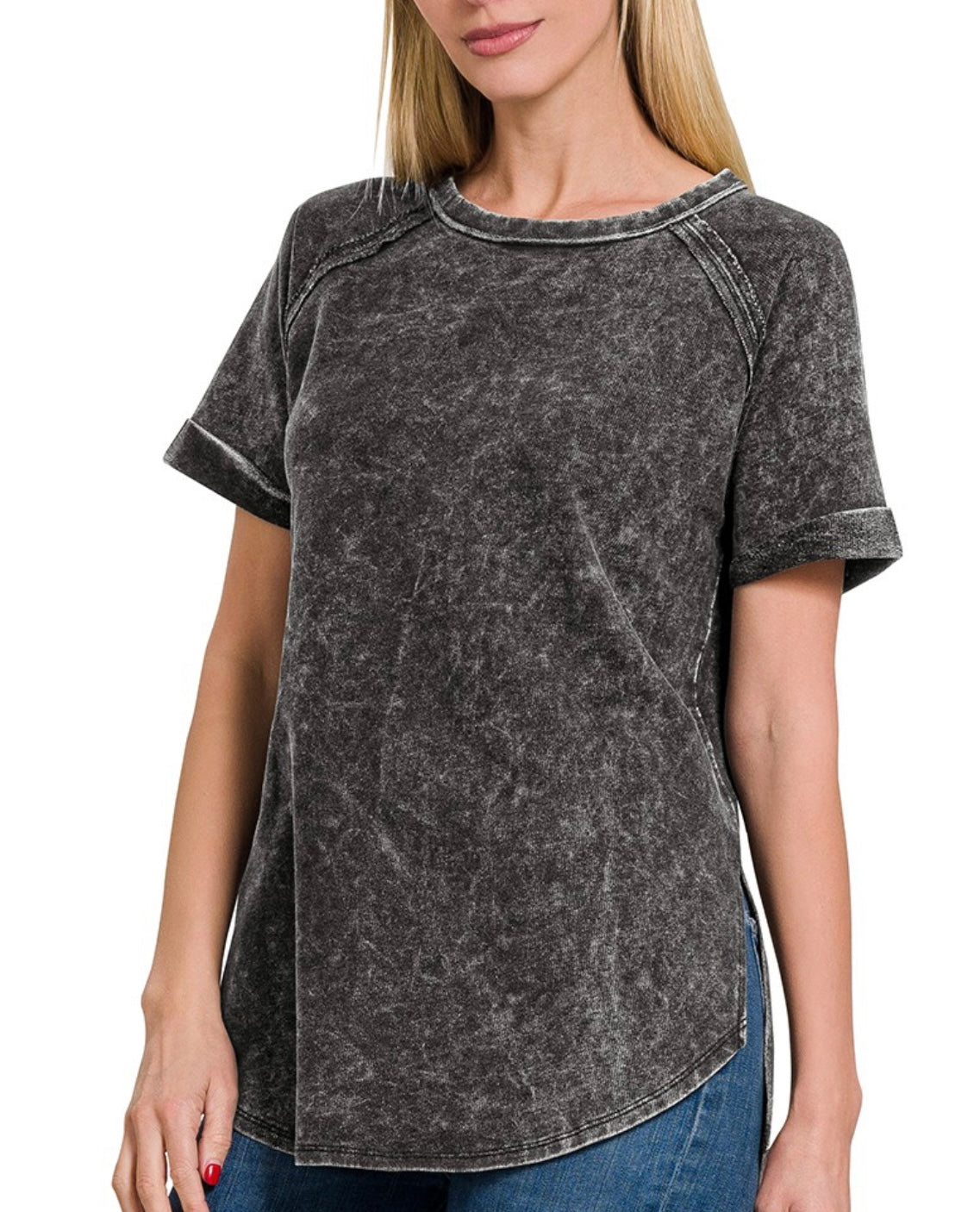 Zenana-F/Terry Acid Wash Short Cuff Sleeve Shirt(More Colors)