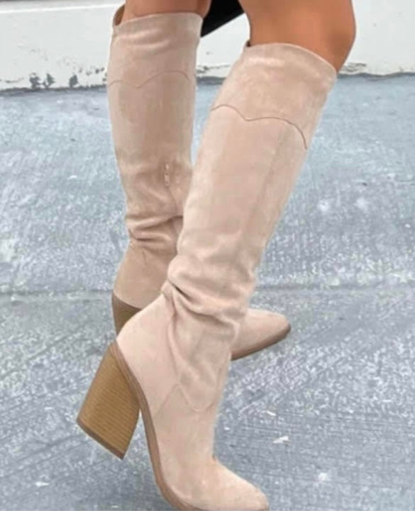Suede Knee High Full Zipper Block Heel
