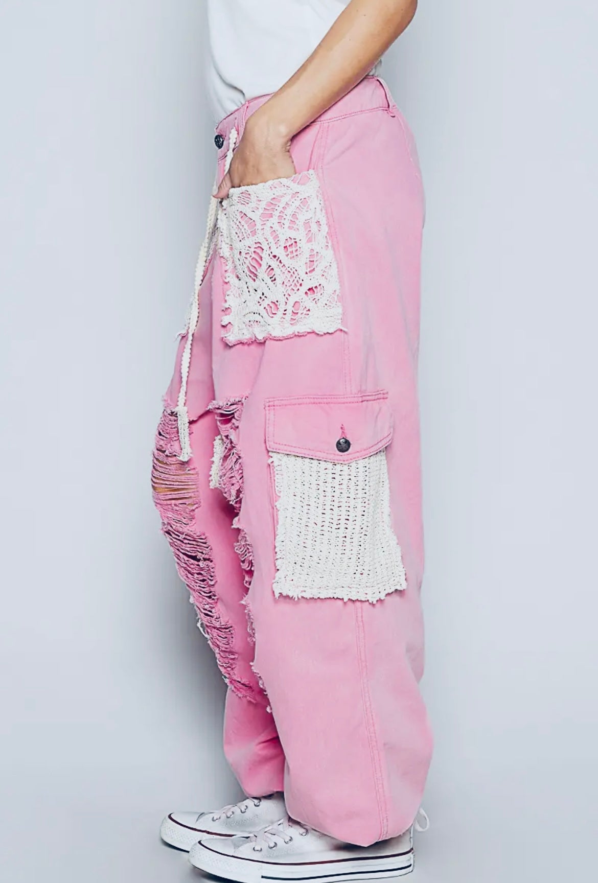 POL-Distressed Jogger Pants with Crochet Detail