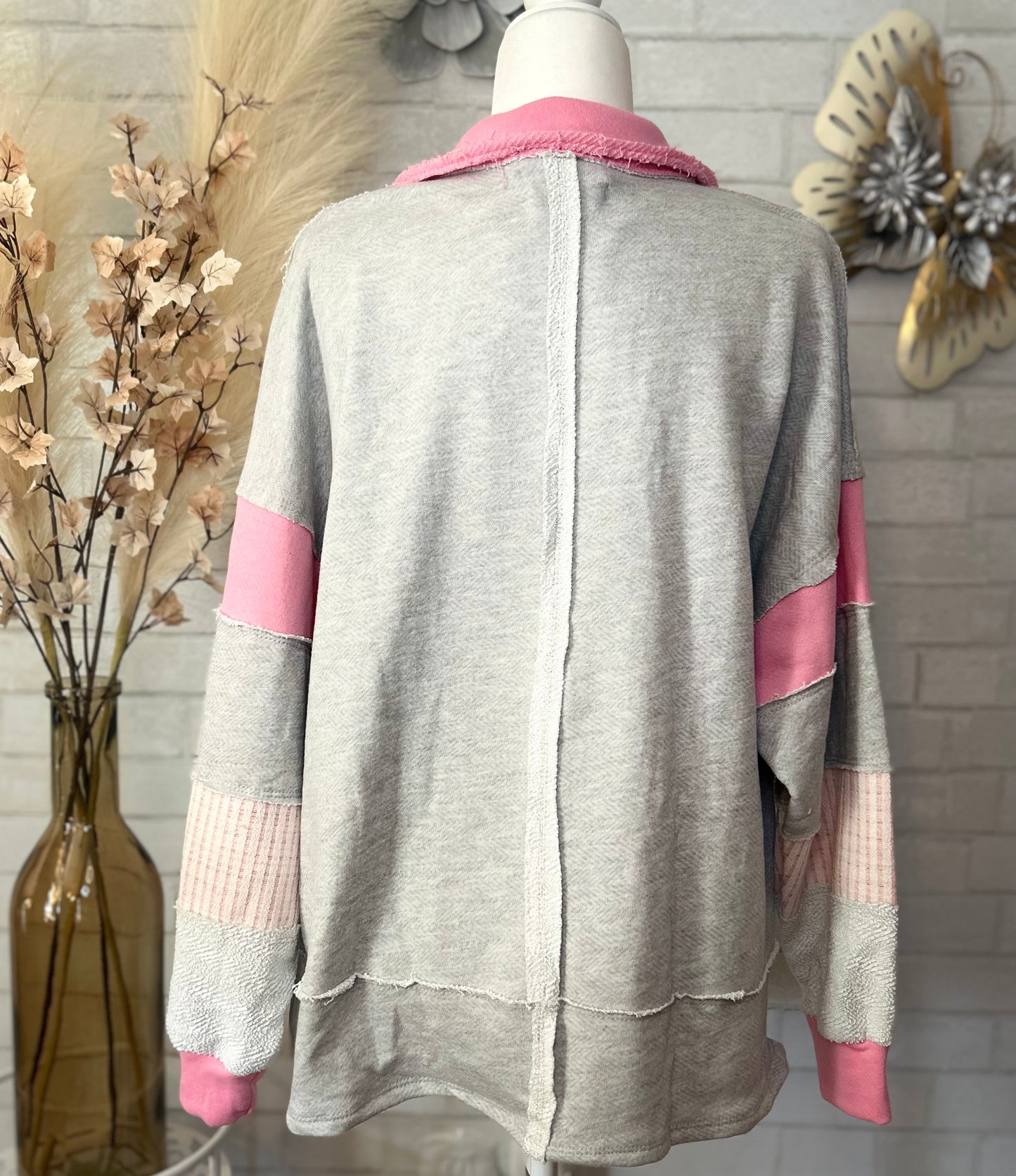 Bucket List-French Terry Knit Color-block Collared Loose Fit Top