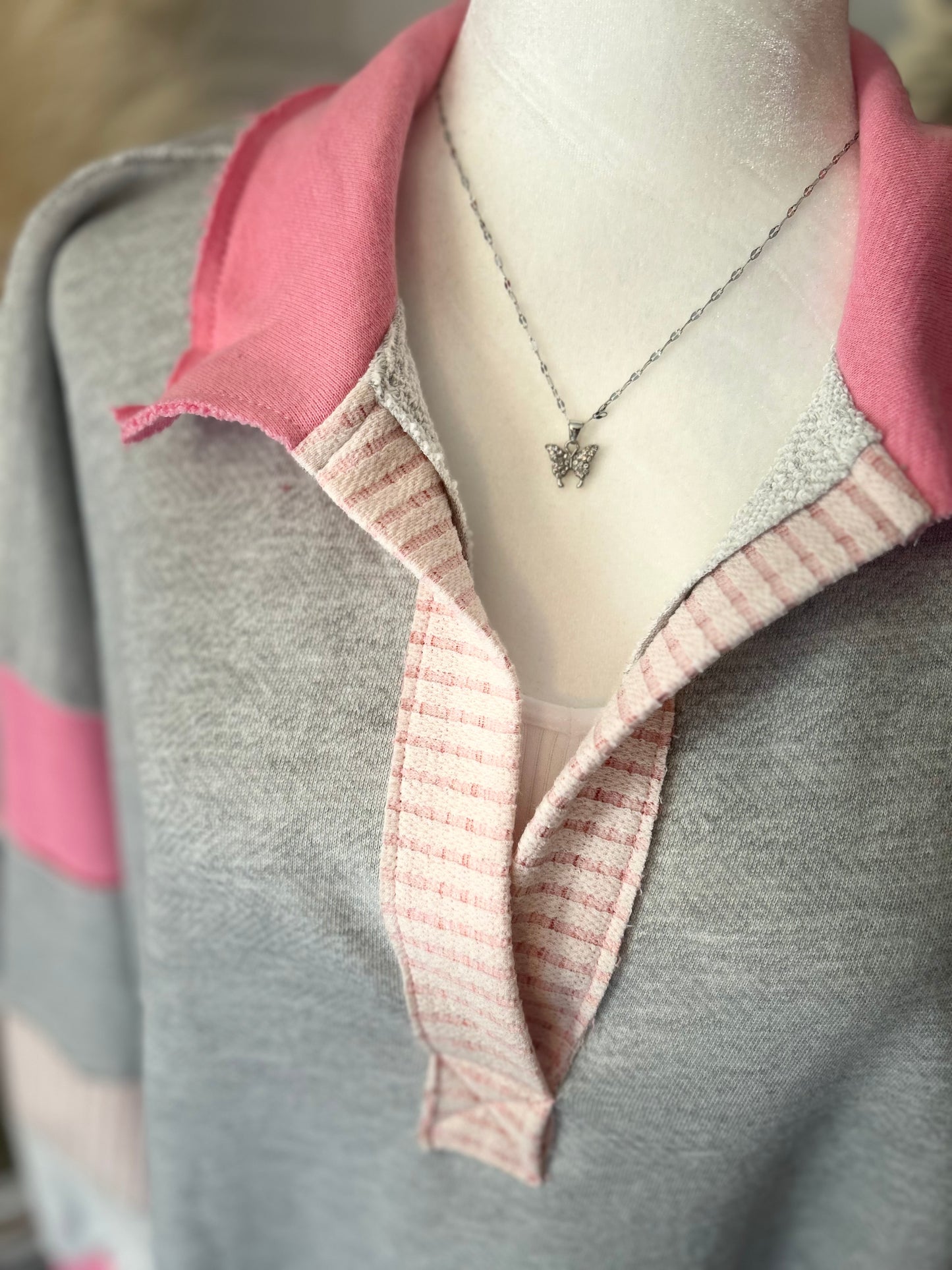 Bucket List-French Terry Knit Color-block Collared Loose Fit Top