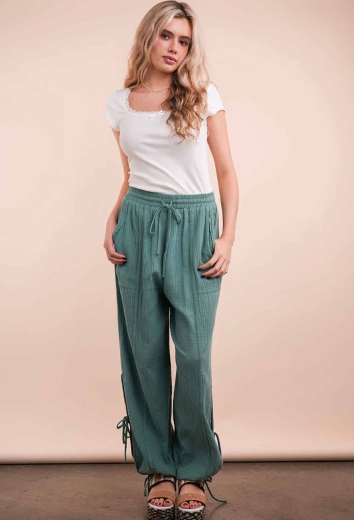 Side Tunnel Harem Pants With Lace Trim Detail