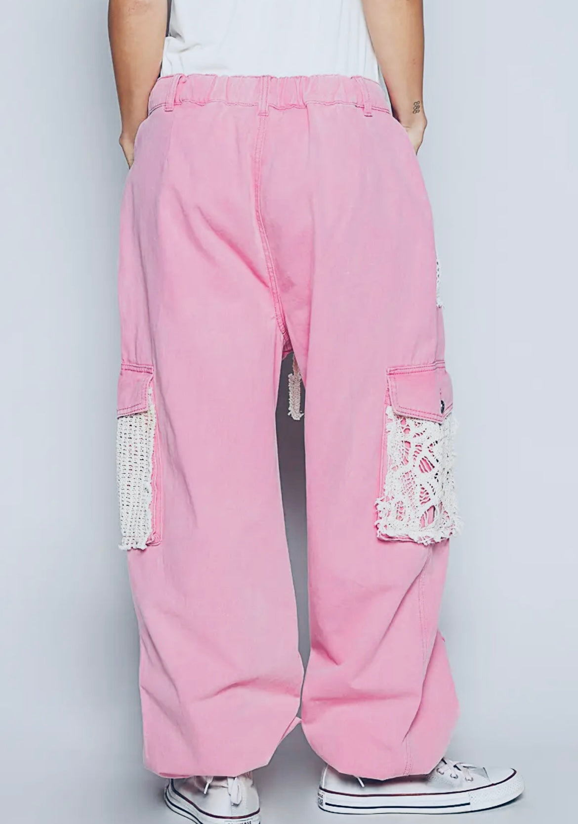POL-Distressed Jogger Pants with Crochet Detail