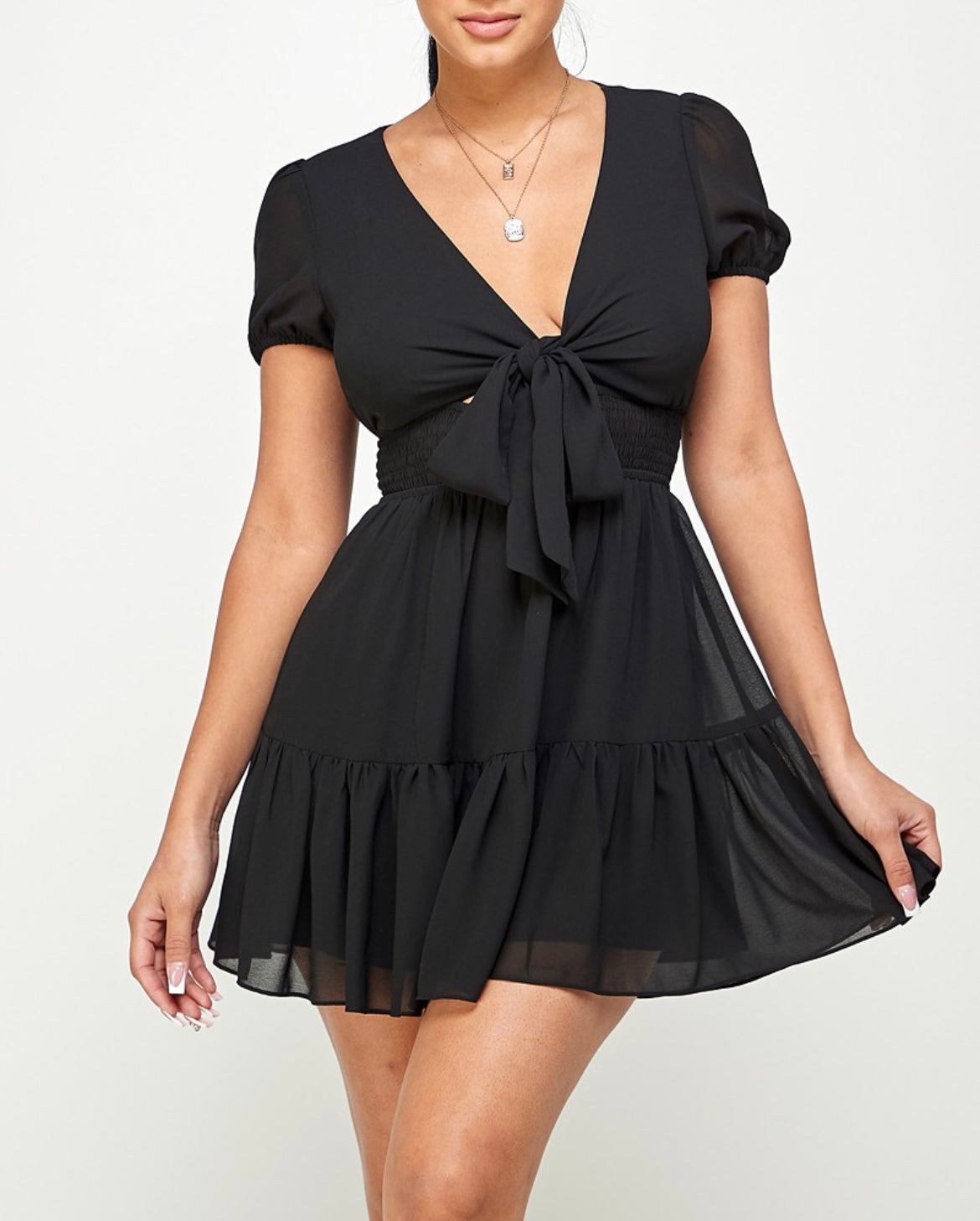 Hannah Solid Front Tie Knot Ruffle Mini Dress (More Colors)