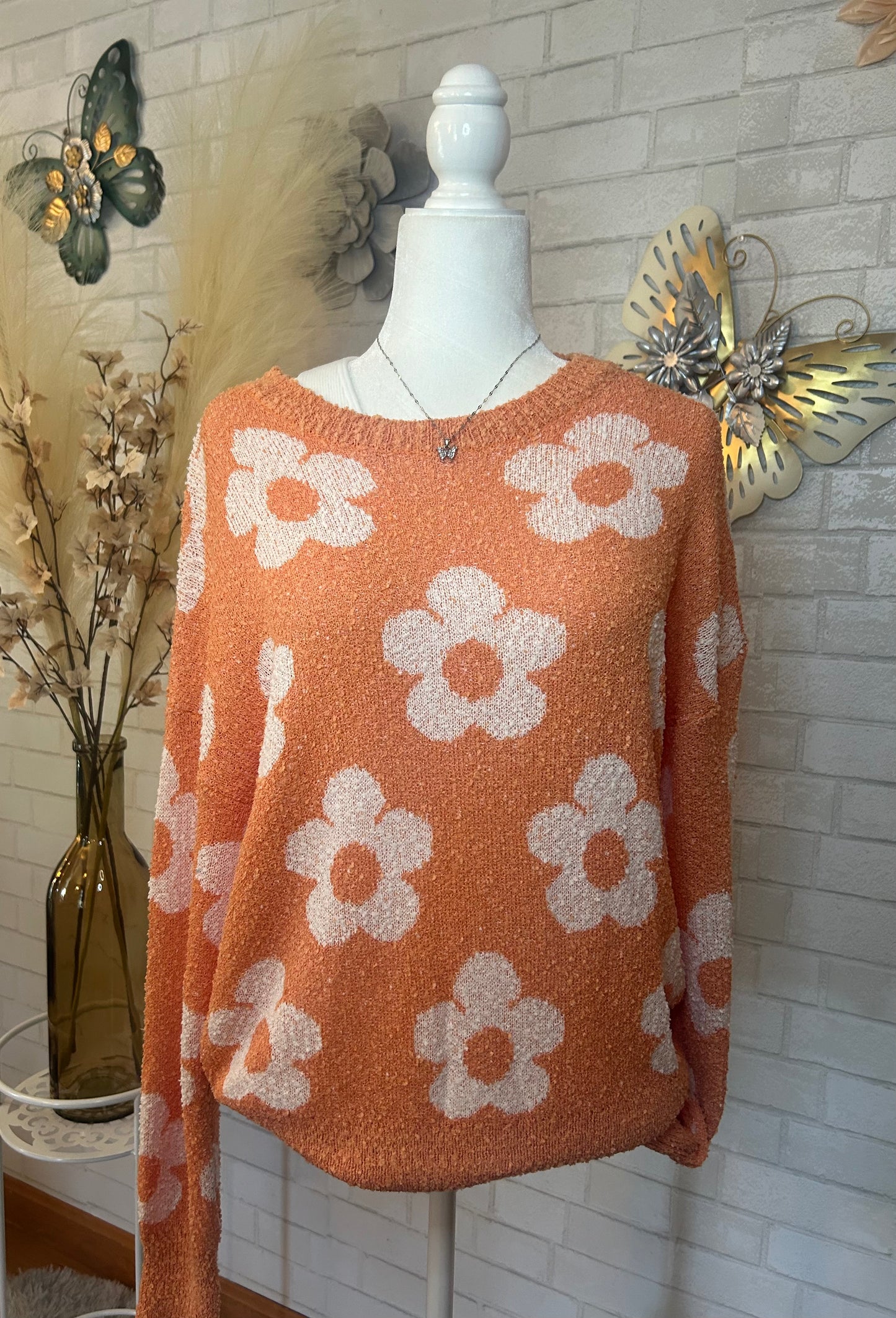 Fuzzy Floral Knitted Drop
Shoulder Sweater