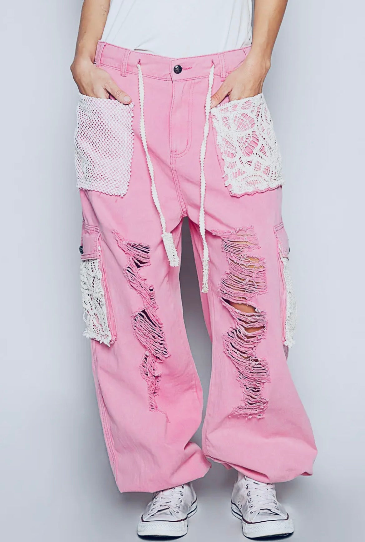 POL-Distressed Jogger Pants with Crochet Detail