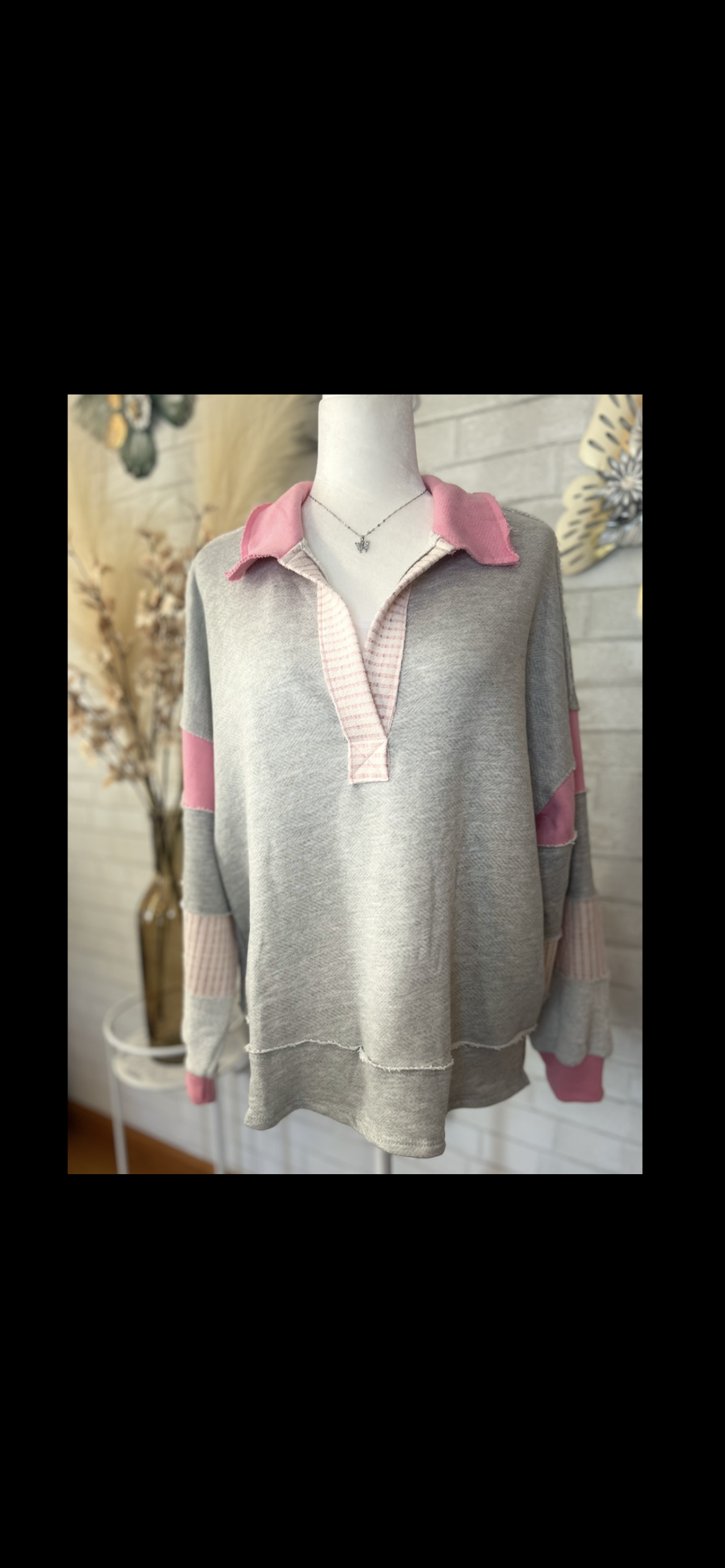 Bucket List-French Terry Knit Color-block Collared Loose Fit Top