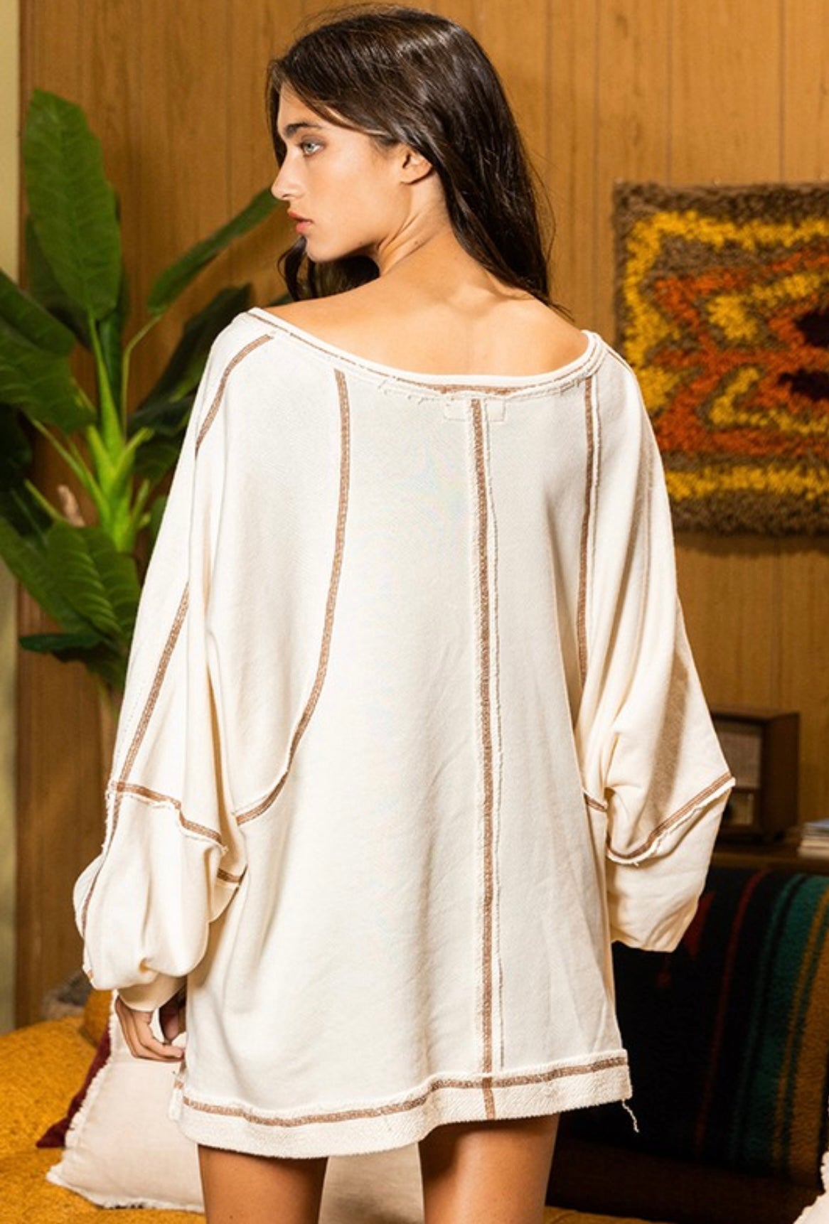 Bucket List-Contrast Stitch Detail Oversize Knit Top