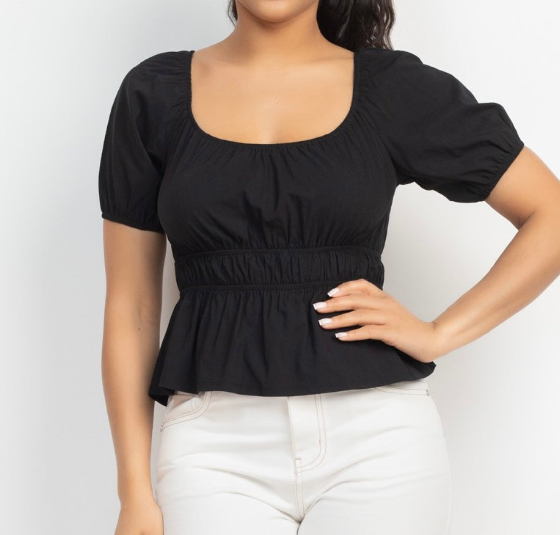 Dahlia U-Neck Shirred Solid Top(More Colors)