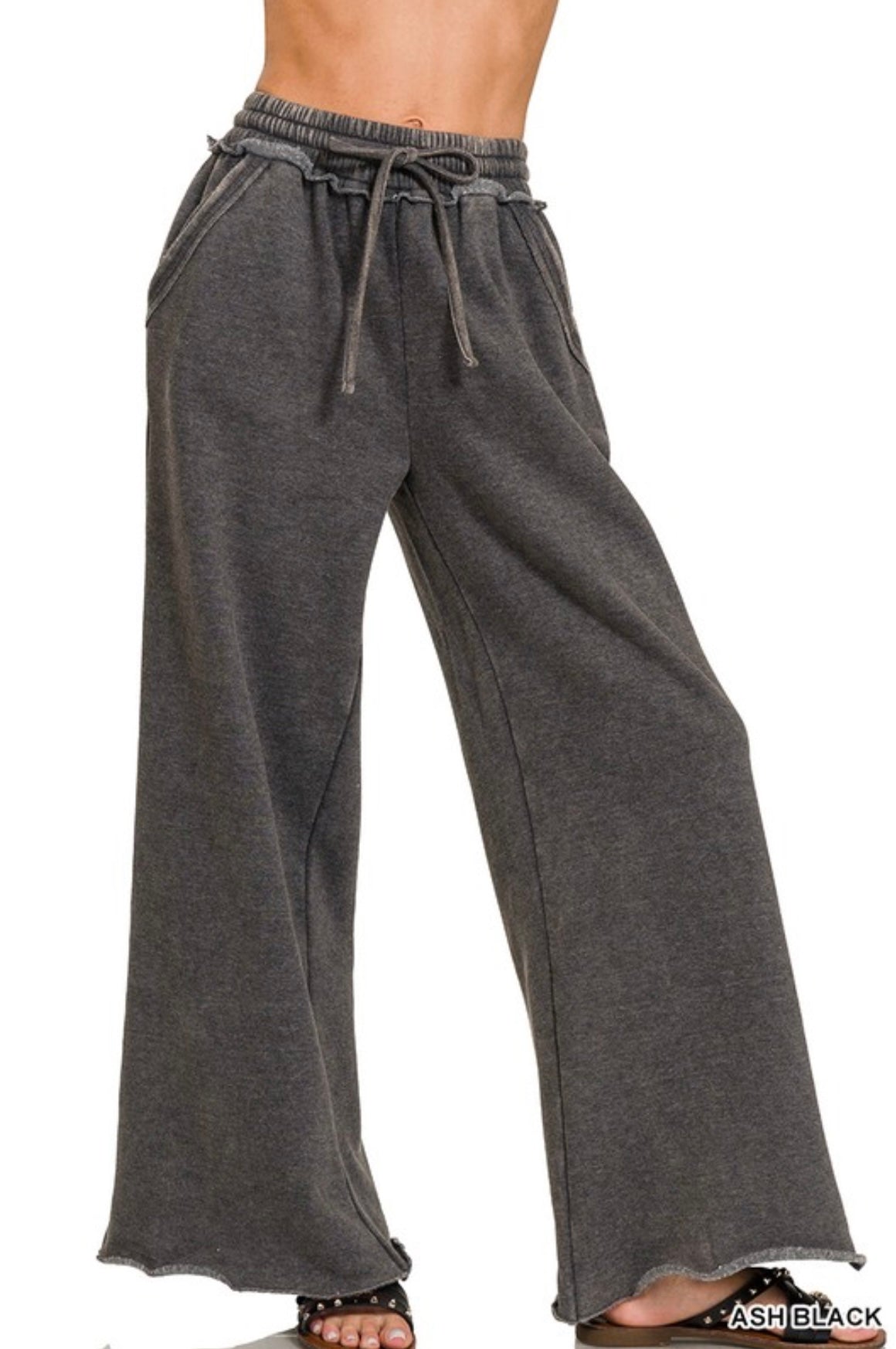 Zenana-Acid Wash Fleece Palazzo Sweatpants With Pockets(More Colors)