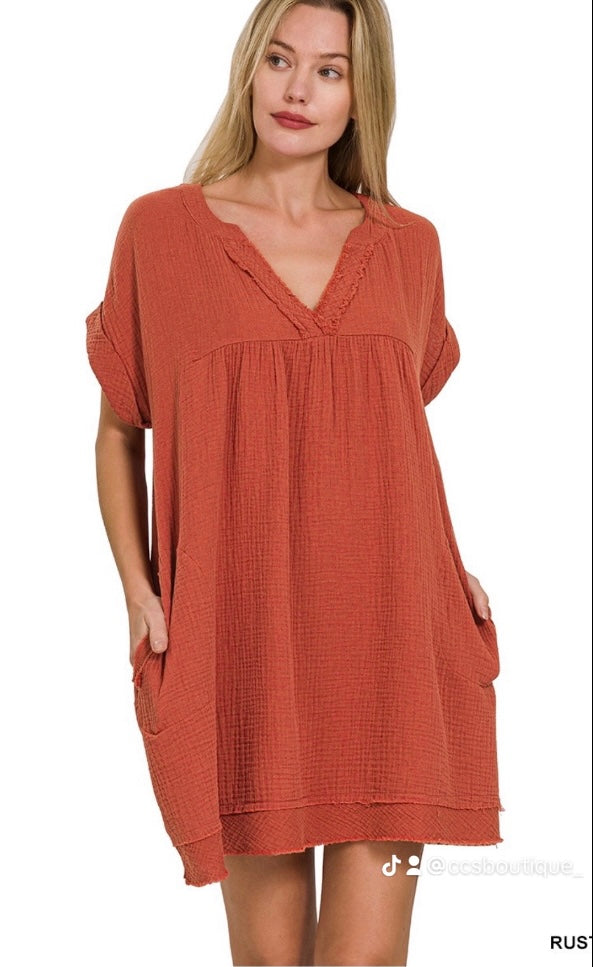 Zenana -Double Gauze Raw Edge V-Neck Dress W/Pockets(More Colors)