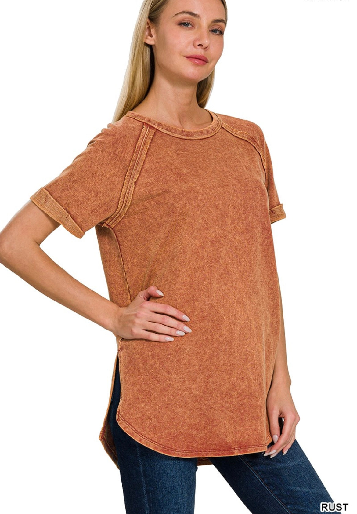 Zenana-F/Terry Acid Wash Short Cuff Sleeve Shirt(More Colors)