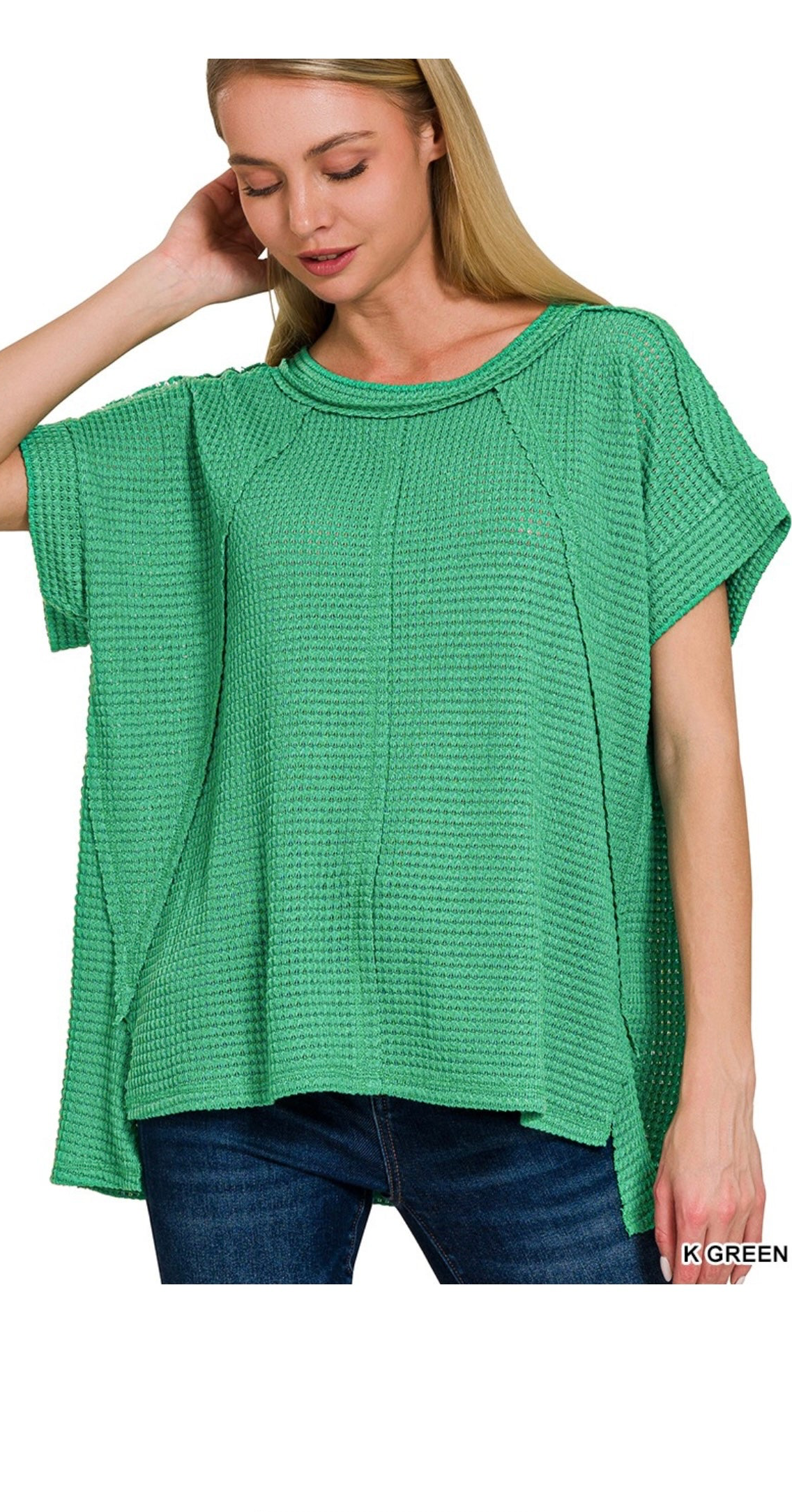 Zenana-Brushed Waffle Exposed-Seam
Short Sleeve Top W/Side Slits(More Colors)