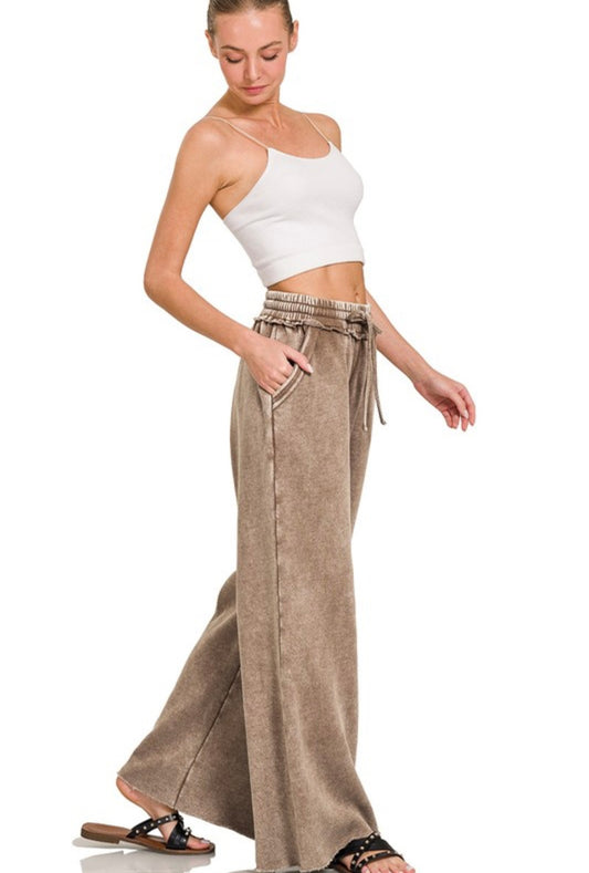 Zenana-Acid Wash Fleece Palazzo Sweatpants With Pockets(More Colors)