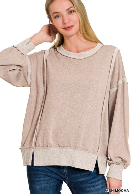 Zenana-Washed Bottom Band Exposed-Seam Sweatshirt(More Colors)