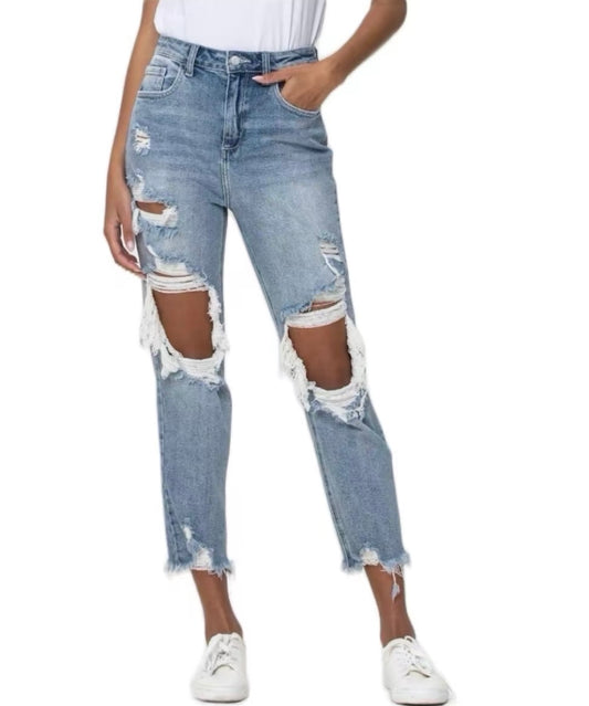 High Rise Distressed Crop Straight Jean