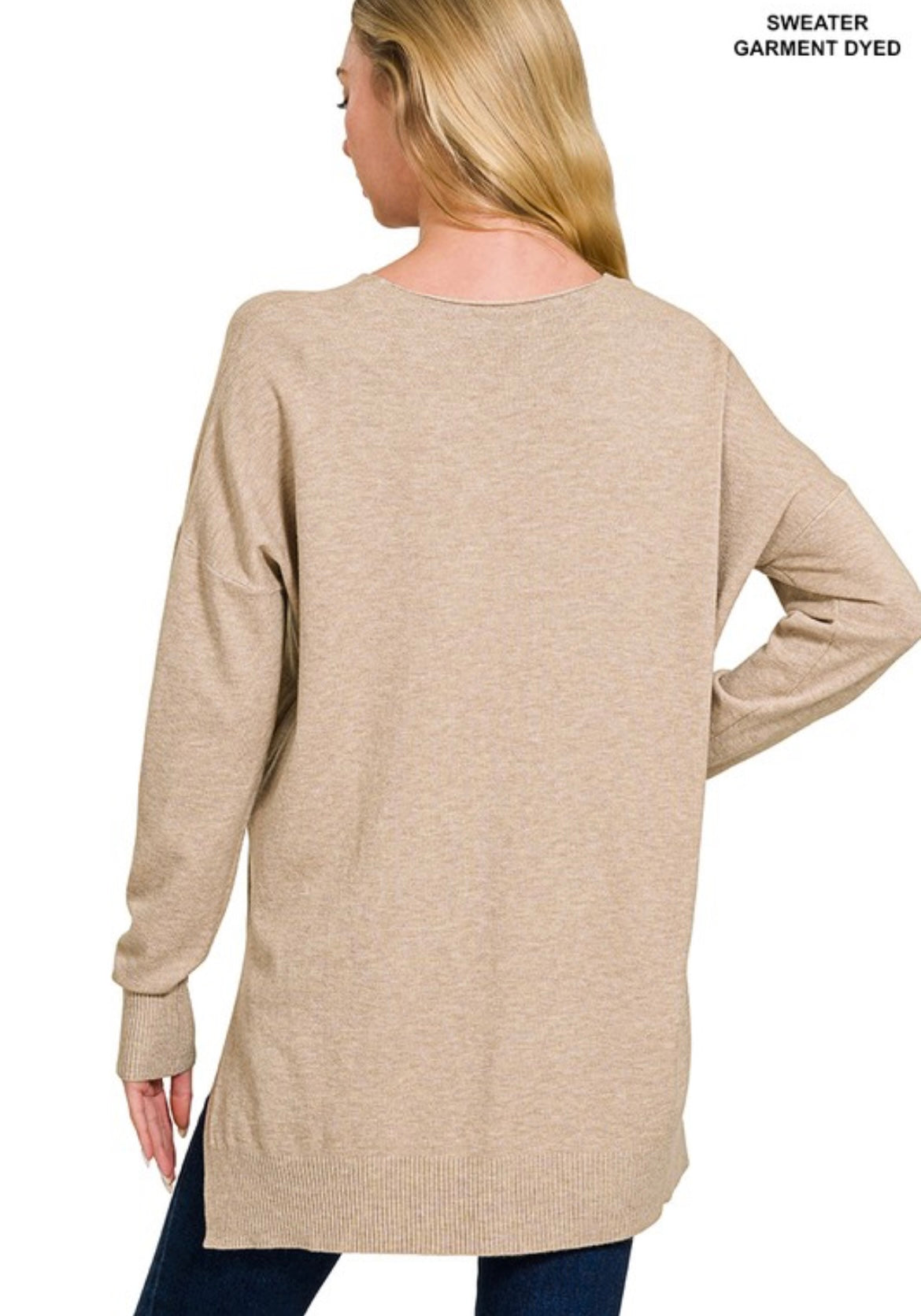 Zenana-Hi-Low Hem V-Neck Center Seam Sweater.