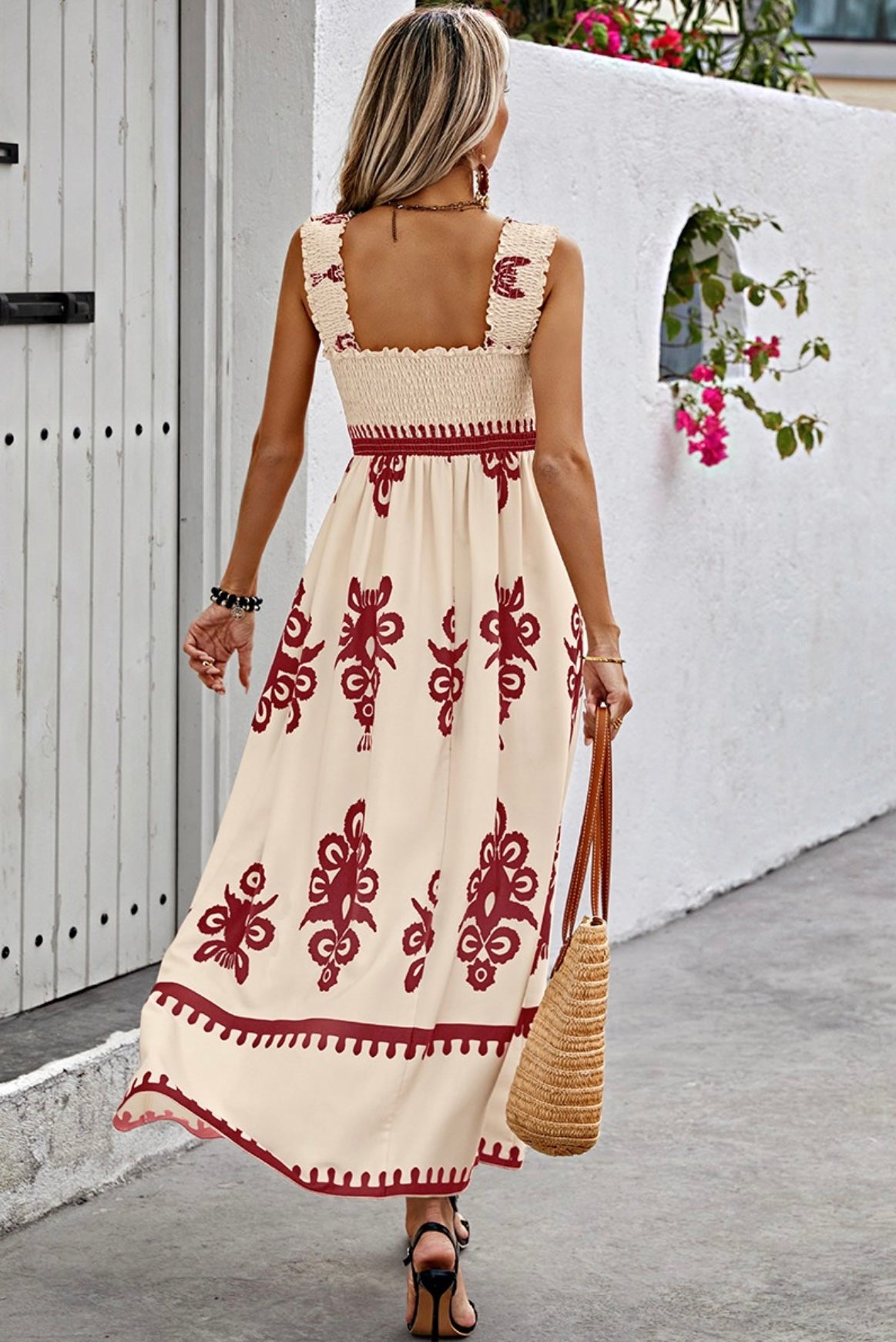 Ruched Square Neck Sleeveless High Waist Dress