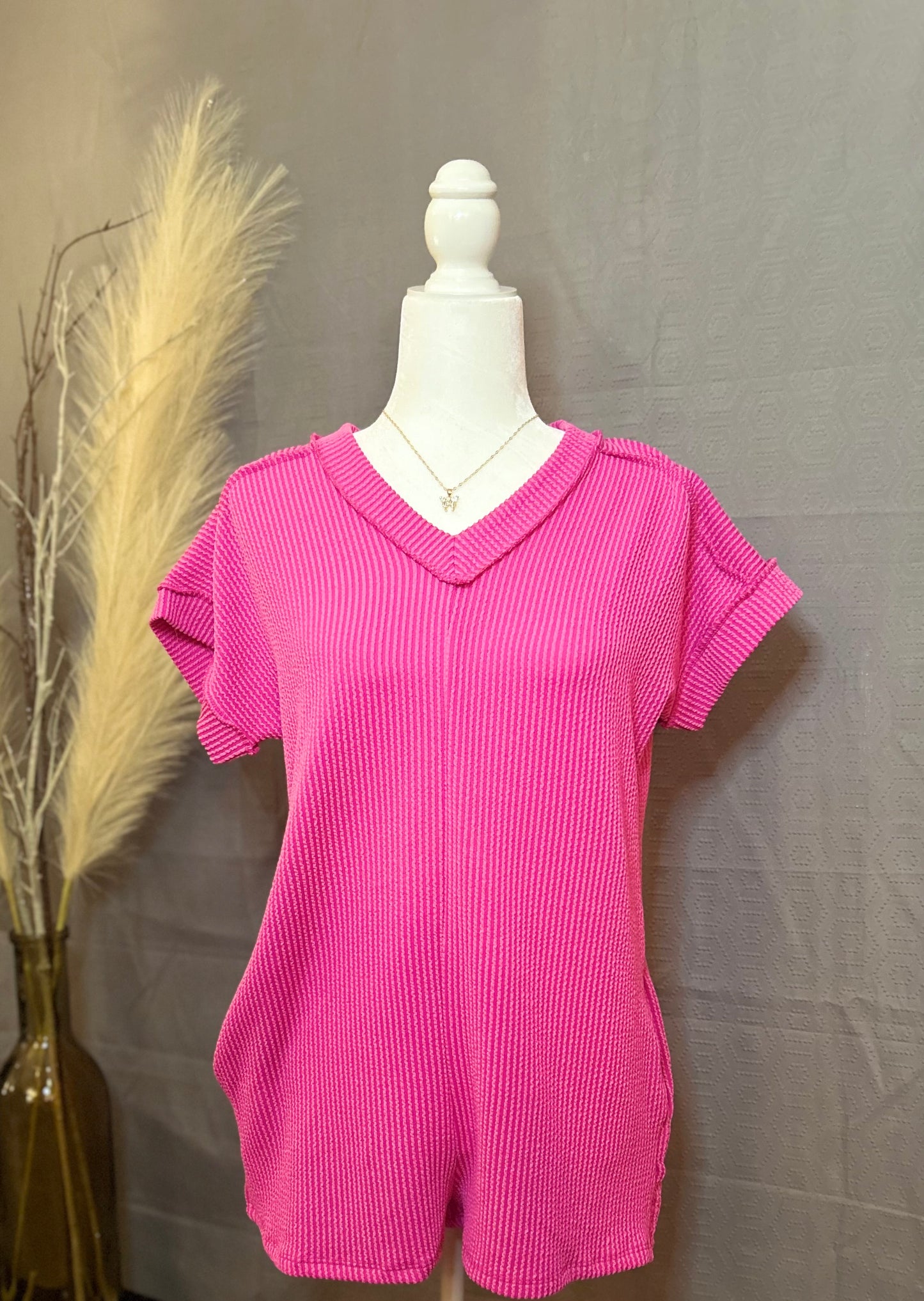 Kaylee Short Sleeve Solid Urban Ribbed Romper W/Pockets(More Colors)