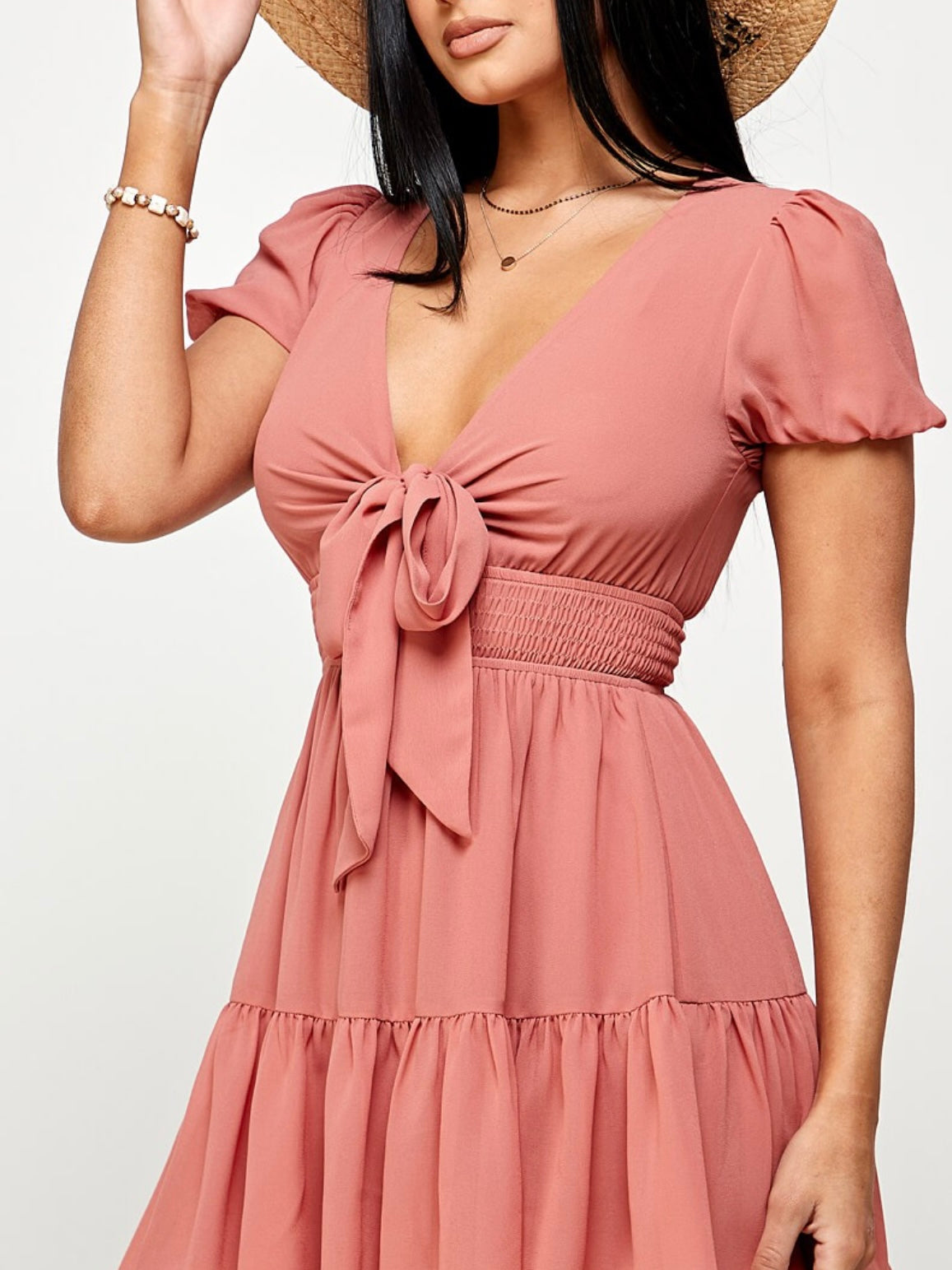 Hannah Solid Front Tie Knot Ruffle Mini Dress     (More Colors)