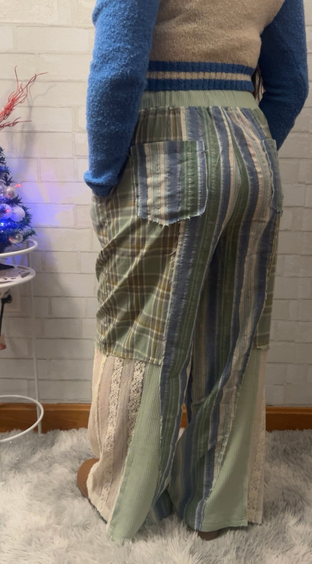 Pol-Elastic waist band plaid print lace straight pants