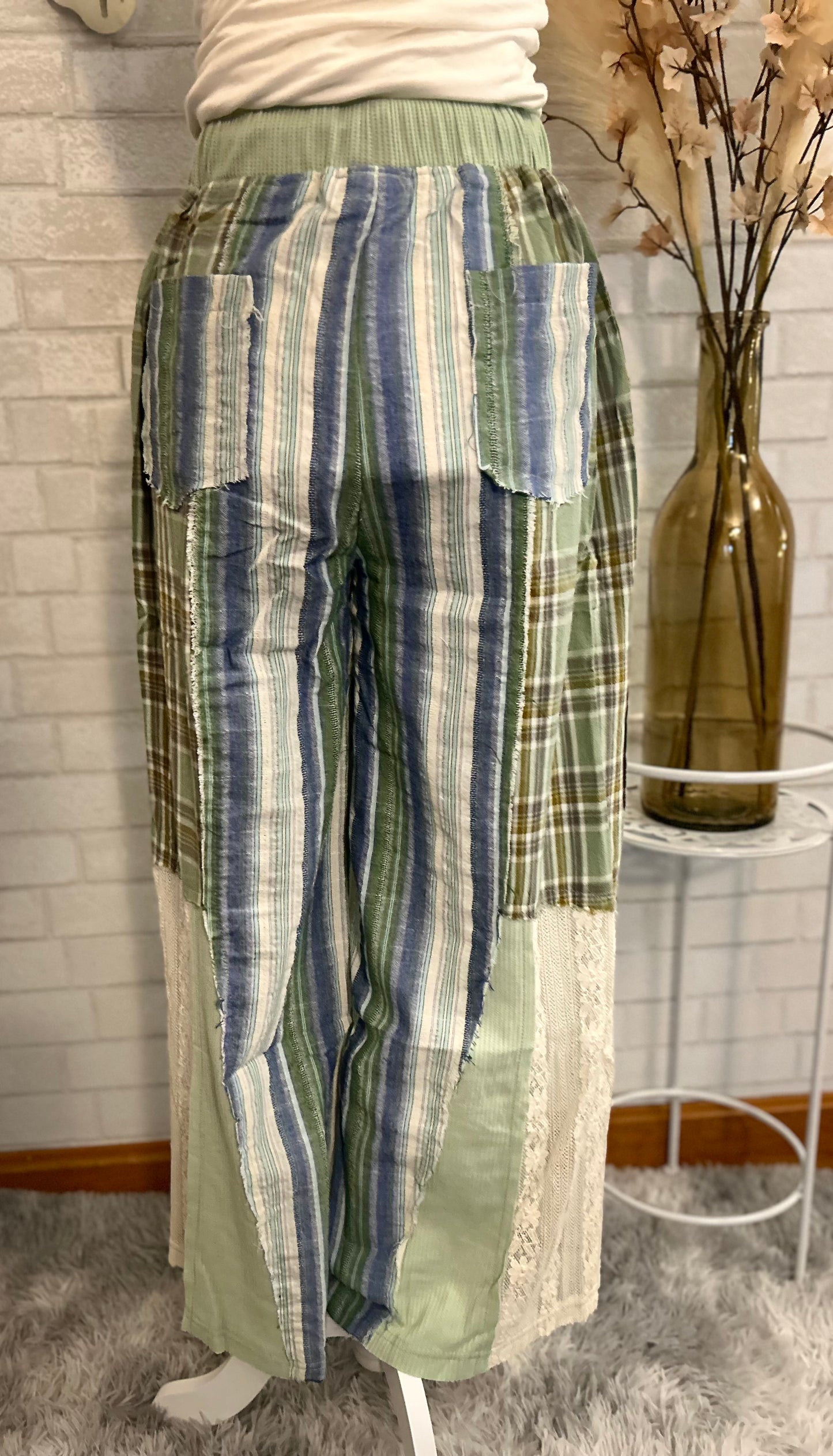 Pol-Elastic waist band plaid print lace straight pants