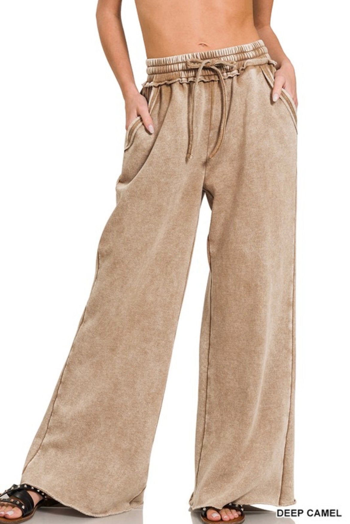 Zenana-Acid Wash Fleece Palazzo Sweatpants With Pockets(More Colors)