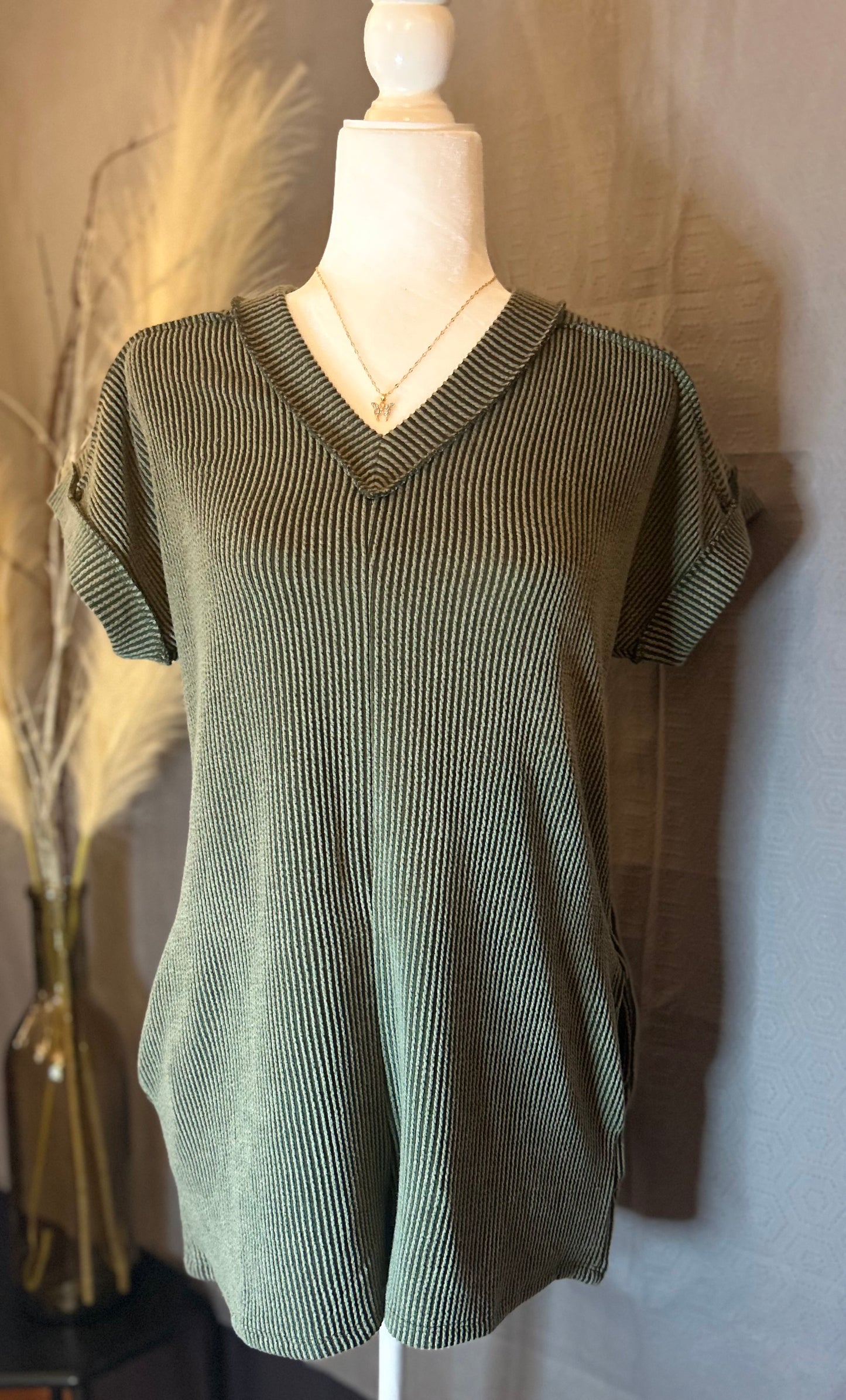 Kaylee Short Sleeve Solid Urban Ribbed Romper W/Pockets(More Colors)