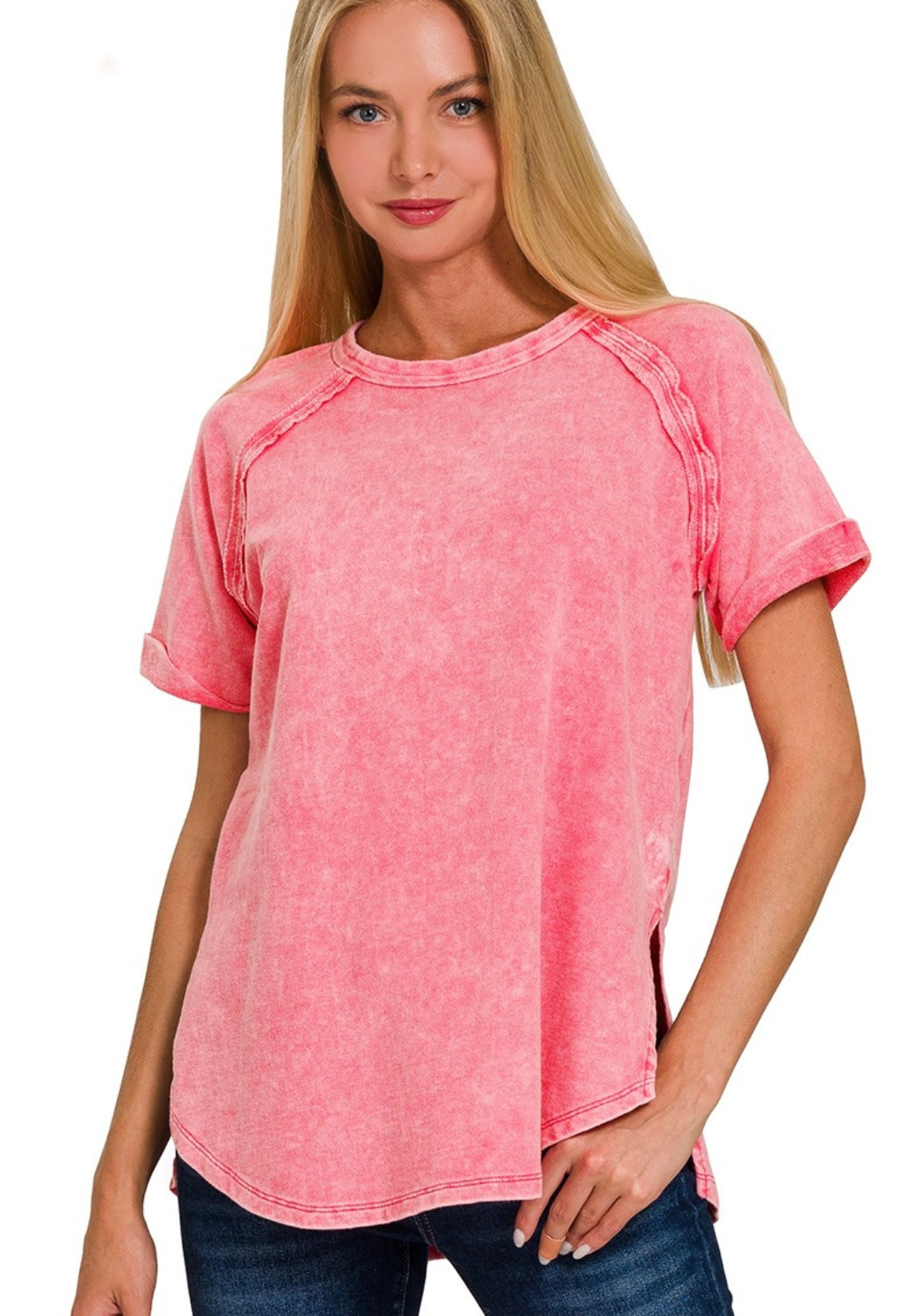 Zenana-F/Terry Acid Wash Short Cuff Sleeve Shirt(More Colors)