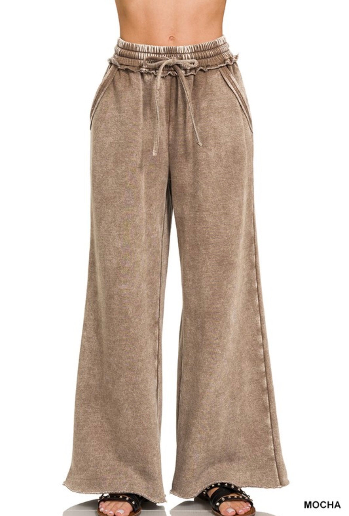 Zenana-Acid Wash Fleece Palazzo Sweatpants With Pockets(More Colors)