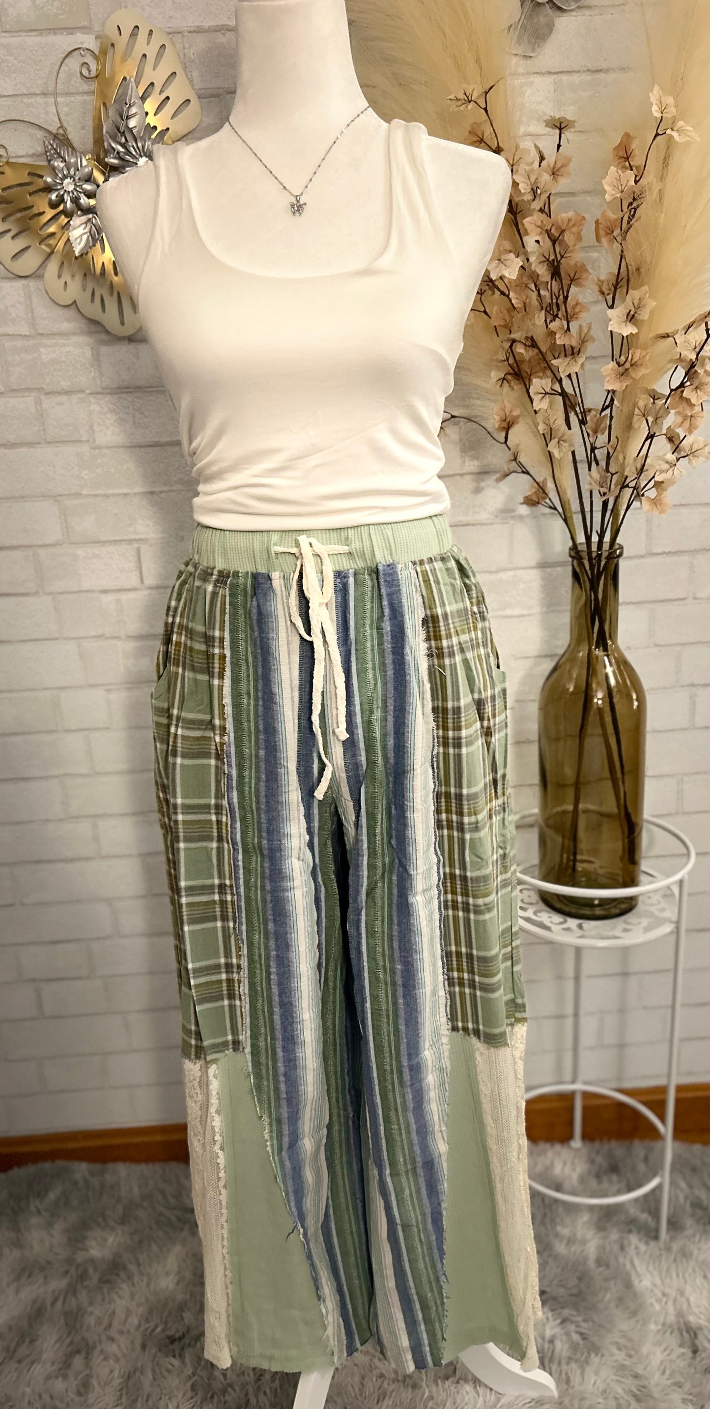 Pol-Elastic waist band plaid print lace straight pants