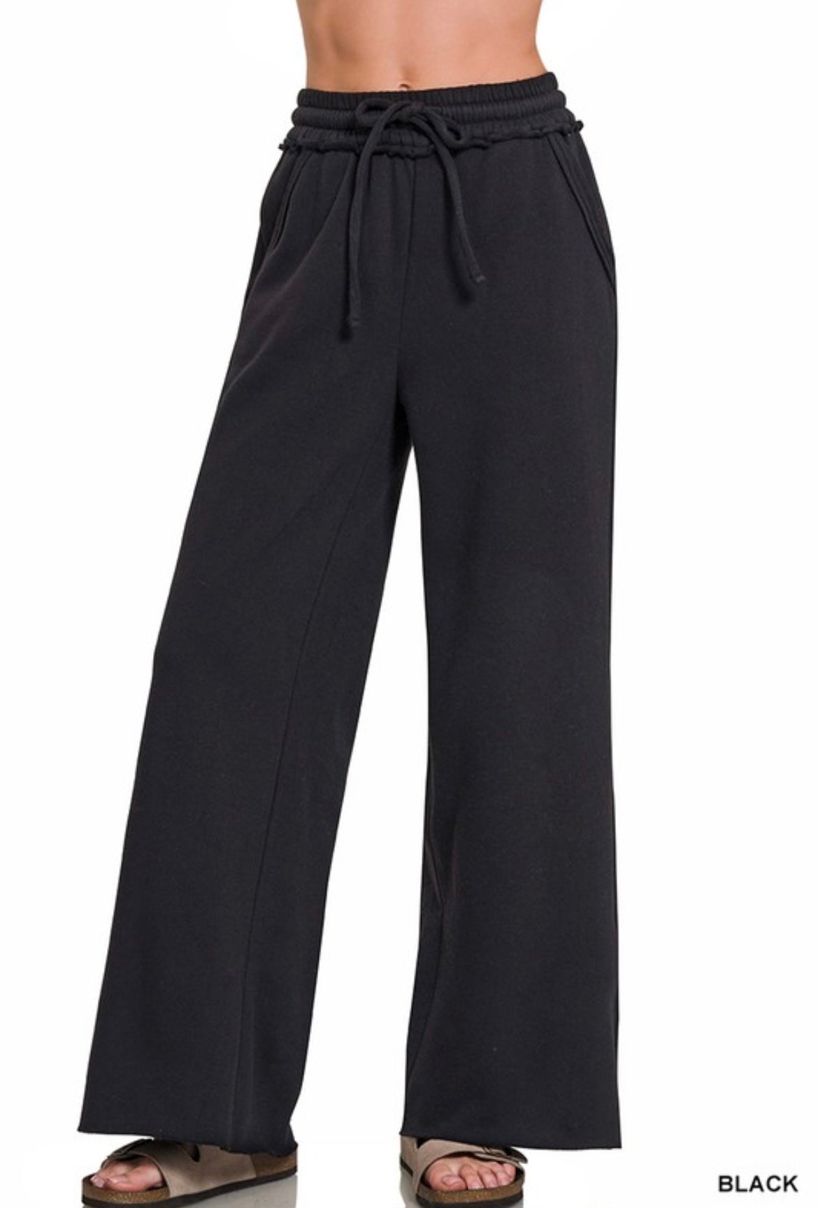 Zenana-Comfy Lounge Raw Hem Wide Leg Sweats(More Colors)