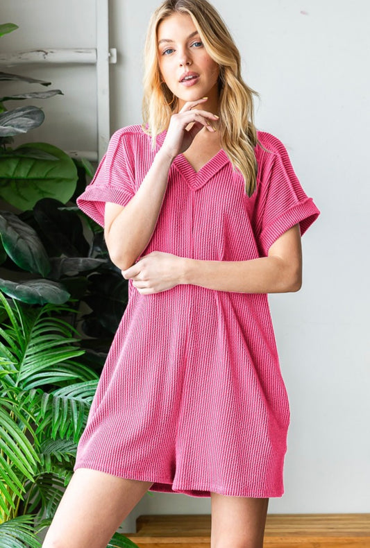 Kaylee Short Sleeve Solid Urban Ribbed Romper W/Pockets(More Colors)