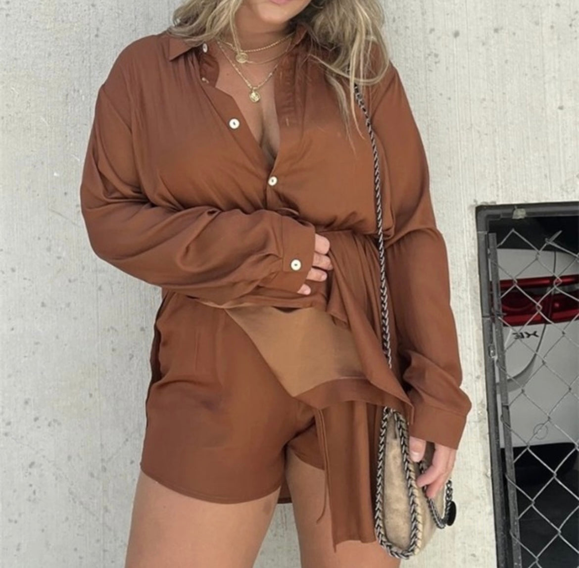 Ana Long Sleeve Button Up Satin Romper(More Colors)
