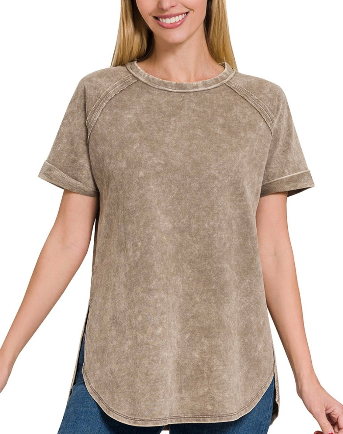 Zenana-F/Terry Acid Wash Short Cuff Sleeve Shirt(More Colors)