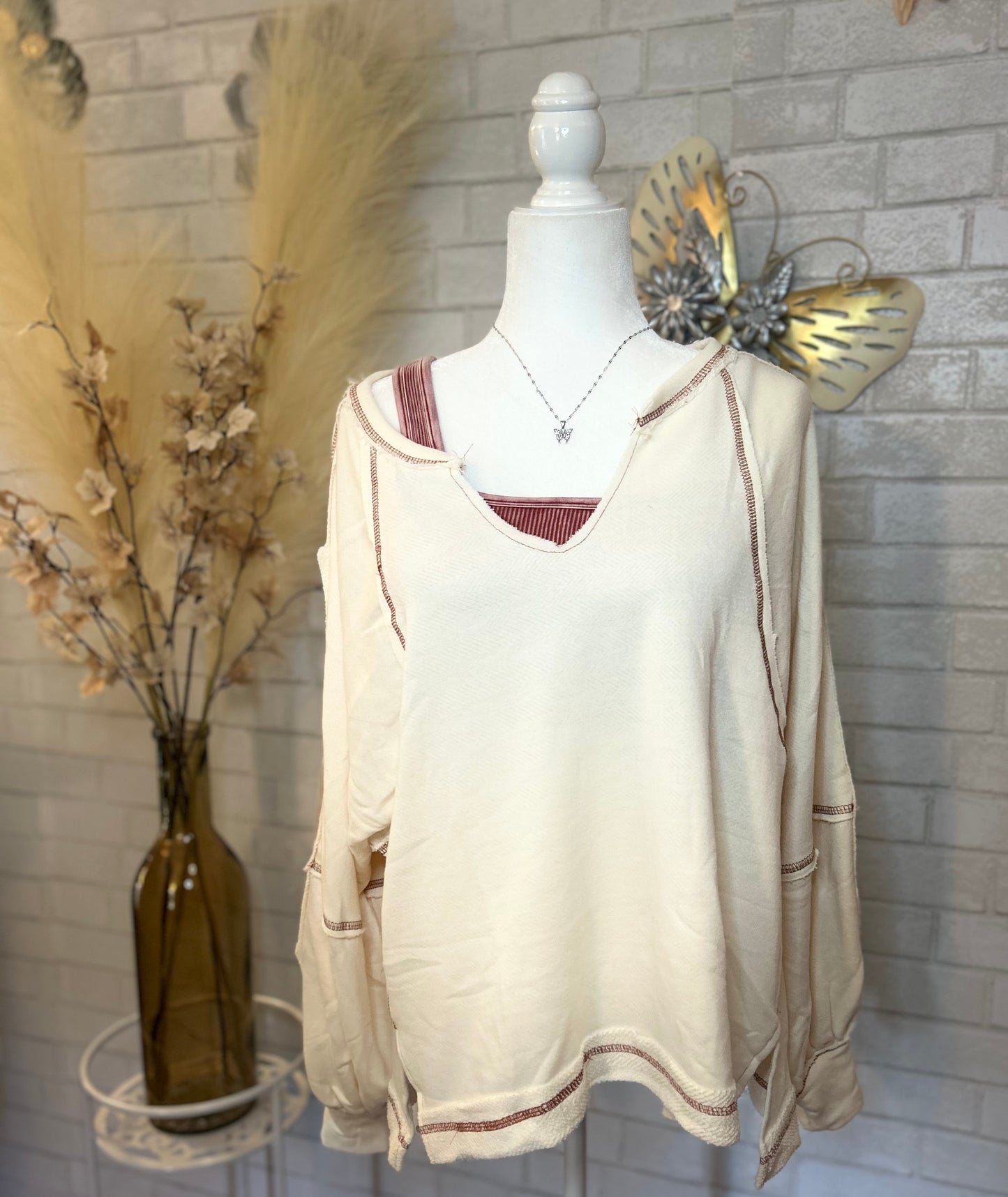 Bucket List-Contrast Stitch Detail Oversize Knit Top