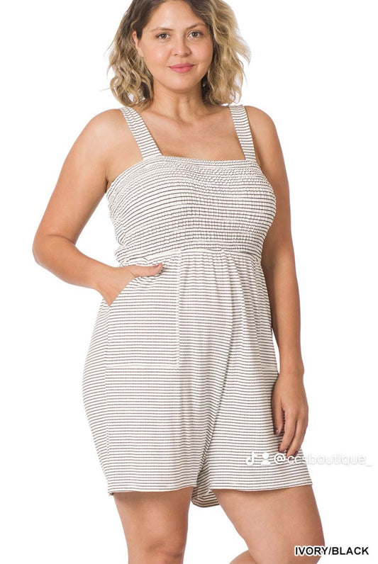 Zenana-Beach Day Smocked Top Striped Romper
W/Pockets (Plus Size)