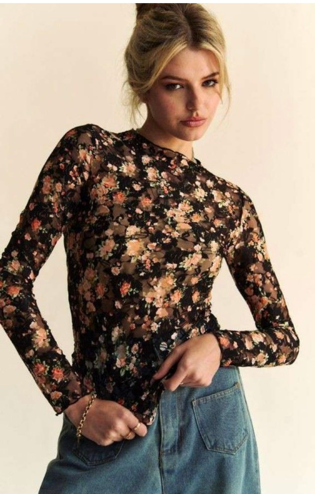 Floral Print Mesh Long Sleeve Top
