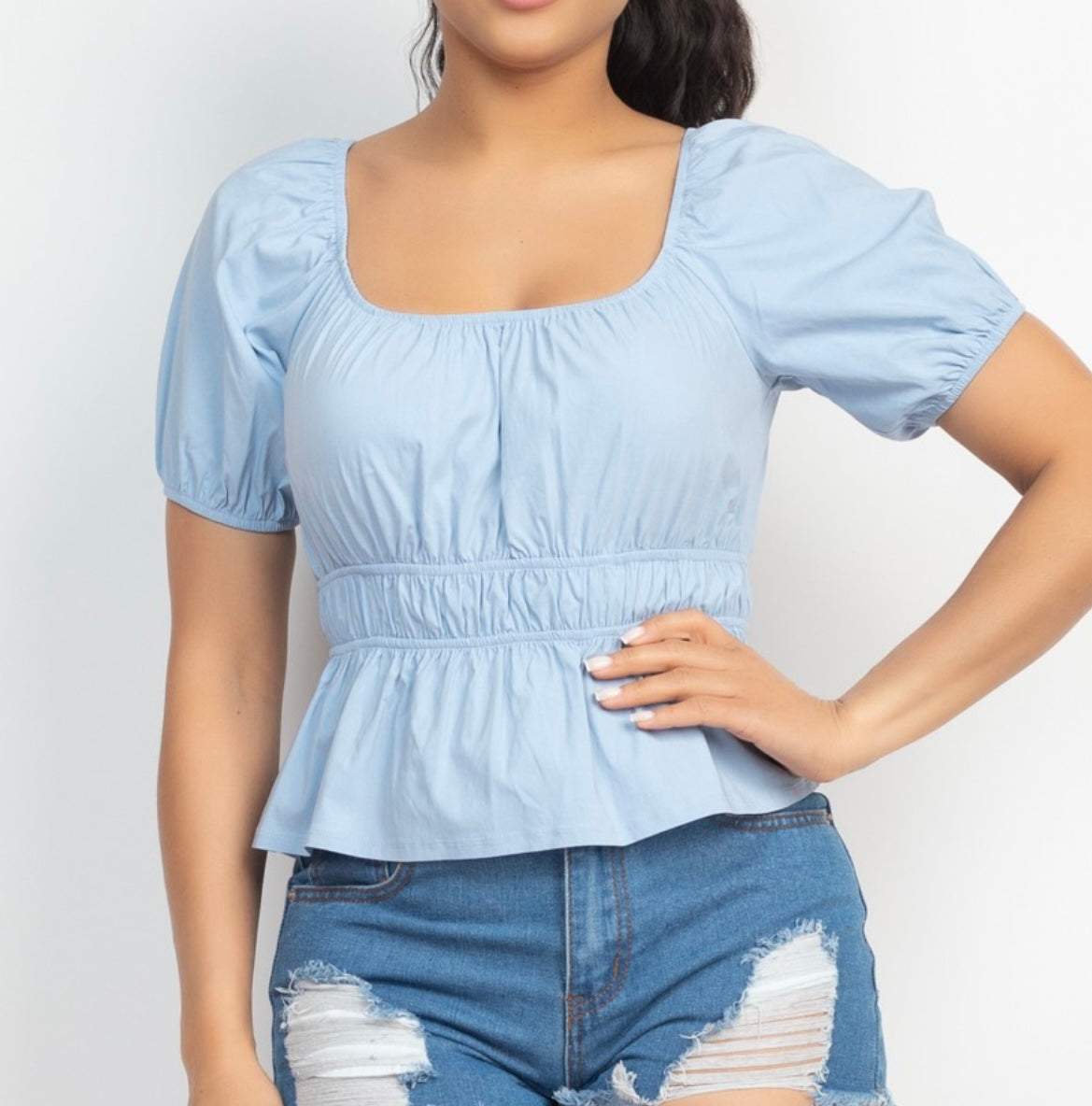 Dahlia U-Neck Shirred Solid Top(More Colors)