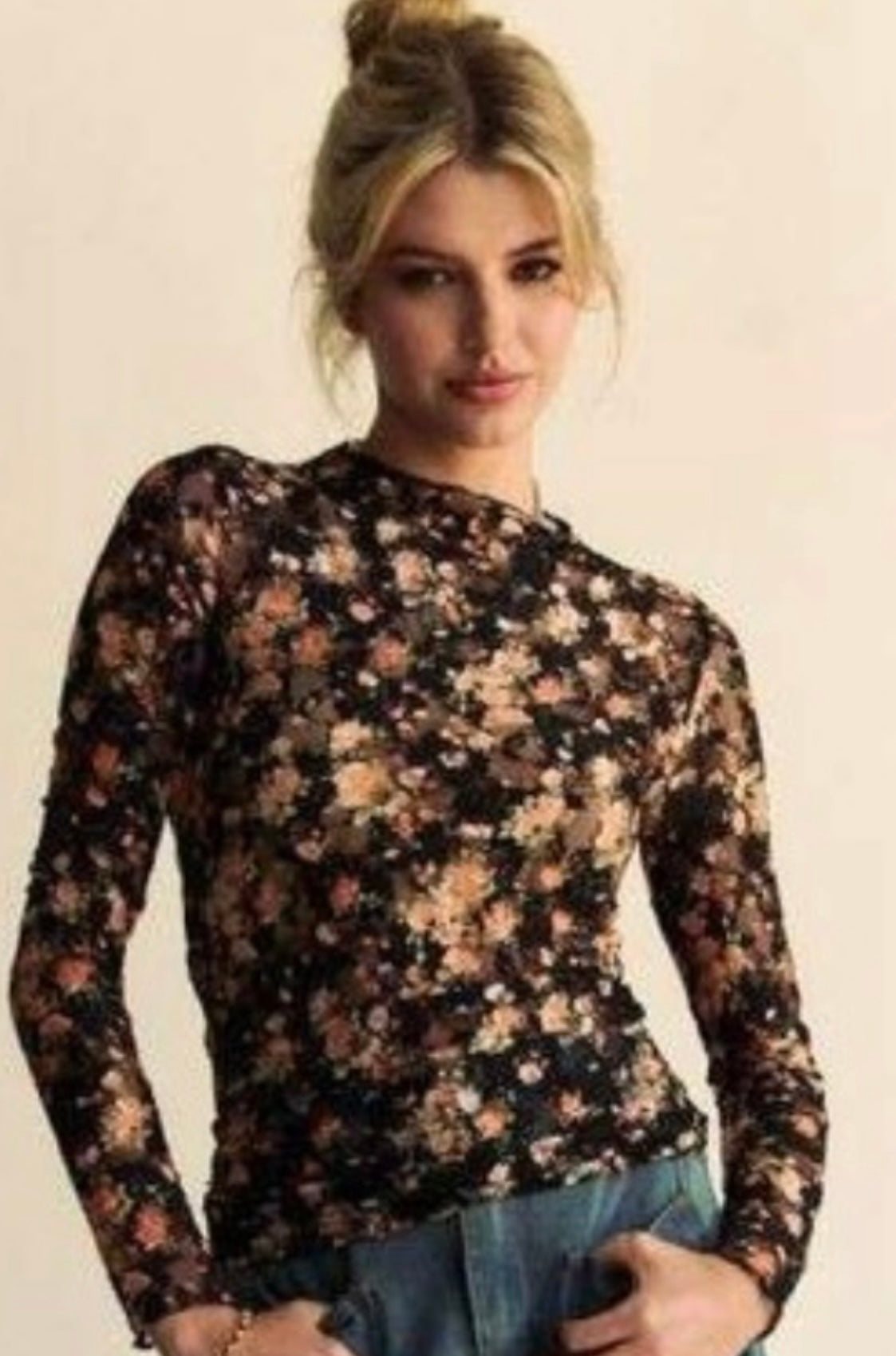 Floral Print Mesh Long Sleeve Top