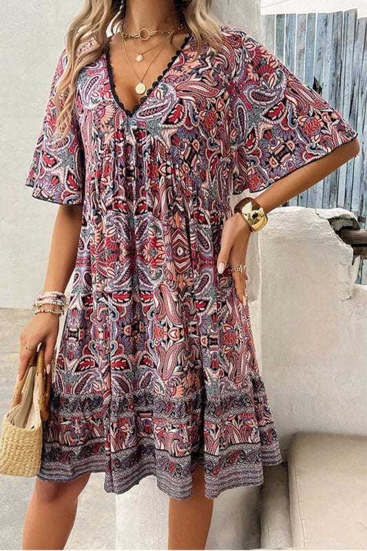 All Over Print Lace Trim Loose A-Line Dress