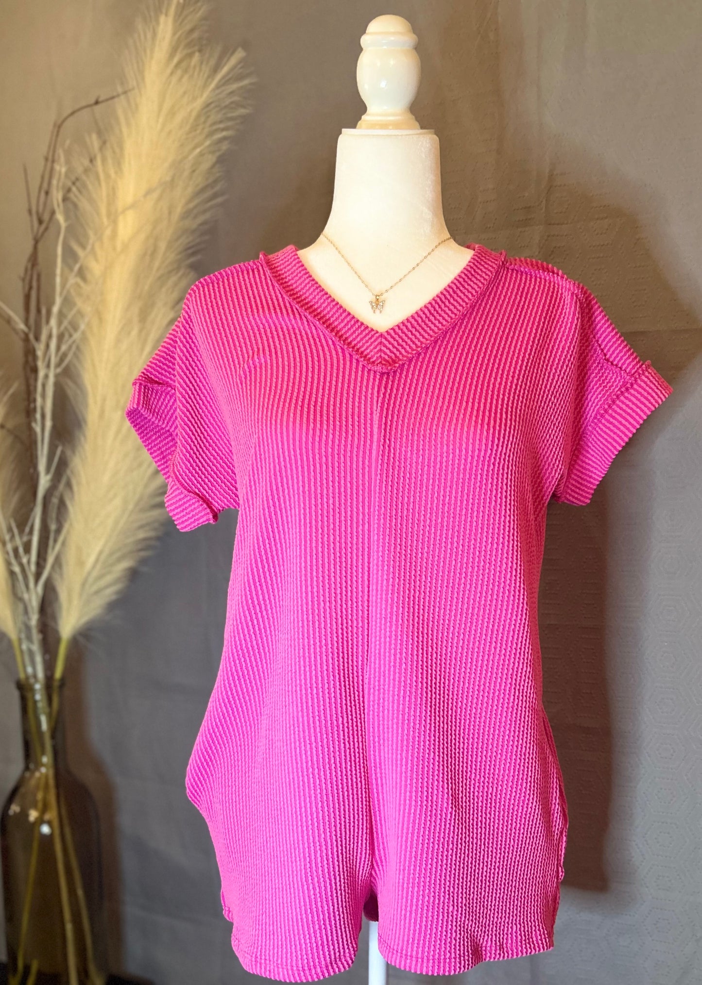 Kaylee Short Sleeve Solid Urban Ribbed Romper W/Pockets(More Colors)