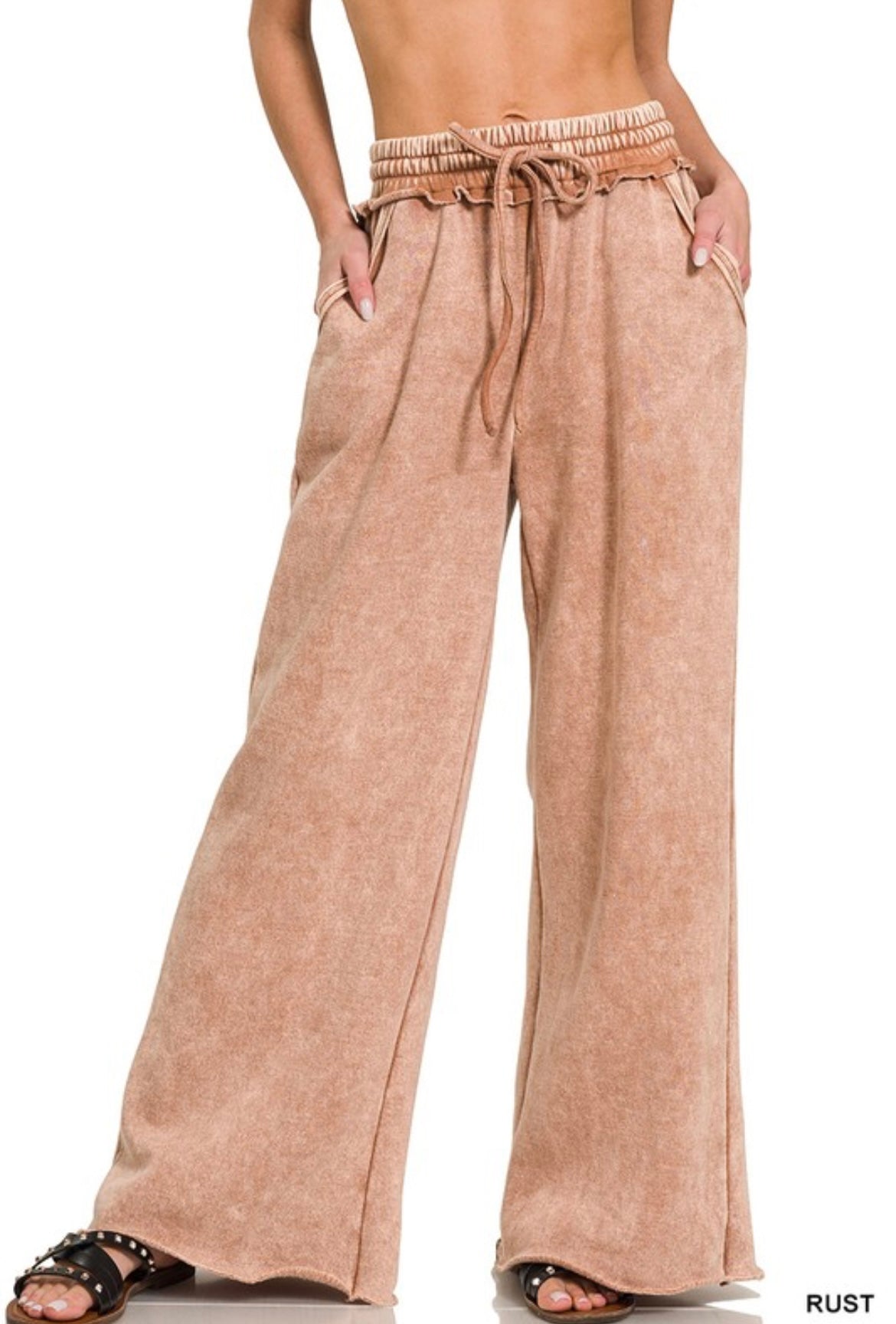 Zenana-Acid Wash Fleece Palazzo Sweatpants With Pockets(More Colors)
